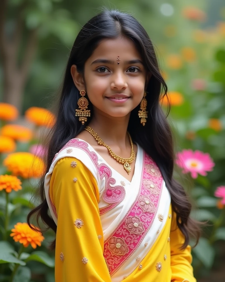 beautiful cute young attractive indian teenage girl, village girl, 18 years old, cute, Instagram model, long black_hair, colorful hair, indian, big breasts, little smiling, smooth face very realistic