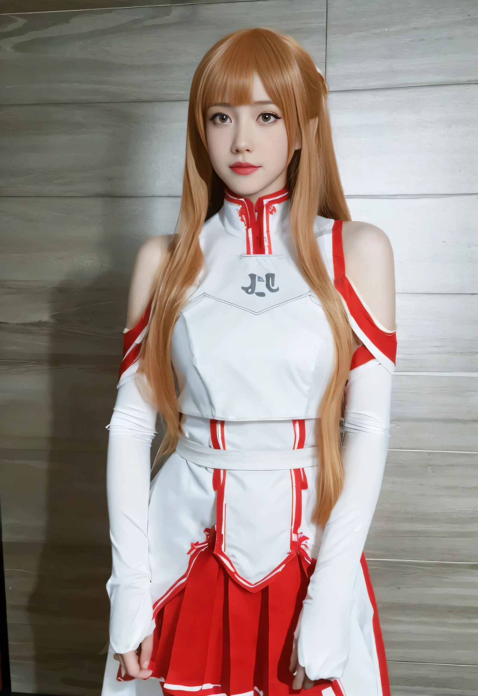 Best Quality , masterpiece, Ultra High Resolution ,Clear face,(Reality:1.4), perfect lighting ,( upper body photo), ( Realistic Photo:1.50), Anime Wallpaper, Guvitz style artwork, obscures fantasy until magic , author:The J, Guvitz, beautiful art illustration, Beautiful Digital Artwork, Beautiful digital illustrations, Li Song, Beautiful Anime Portraits , Art Style in Beauvot , Yuuki Asuna, 1 Girl, solo, cosplay,
Breastplate, armor, skirt, bare shoulders, Separate sleeves, Gloves, belt, Absolute Realm , thigh, tall boots ,
long hair, blond, braid, bangs,
Standing, watching the audience, indoor,