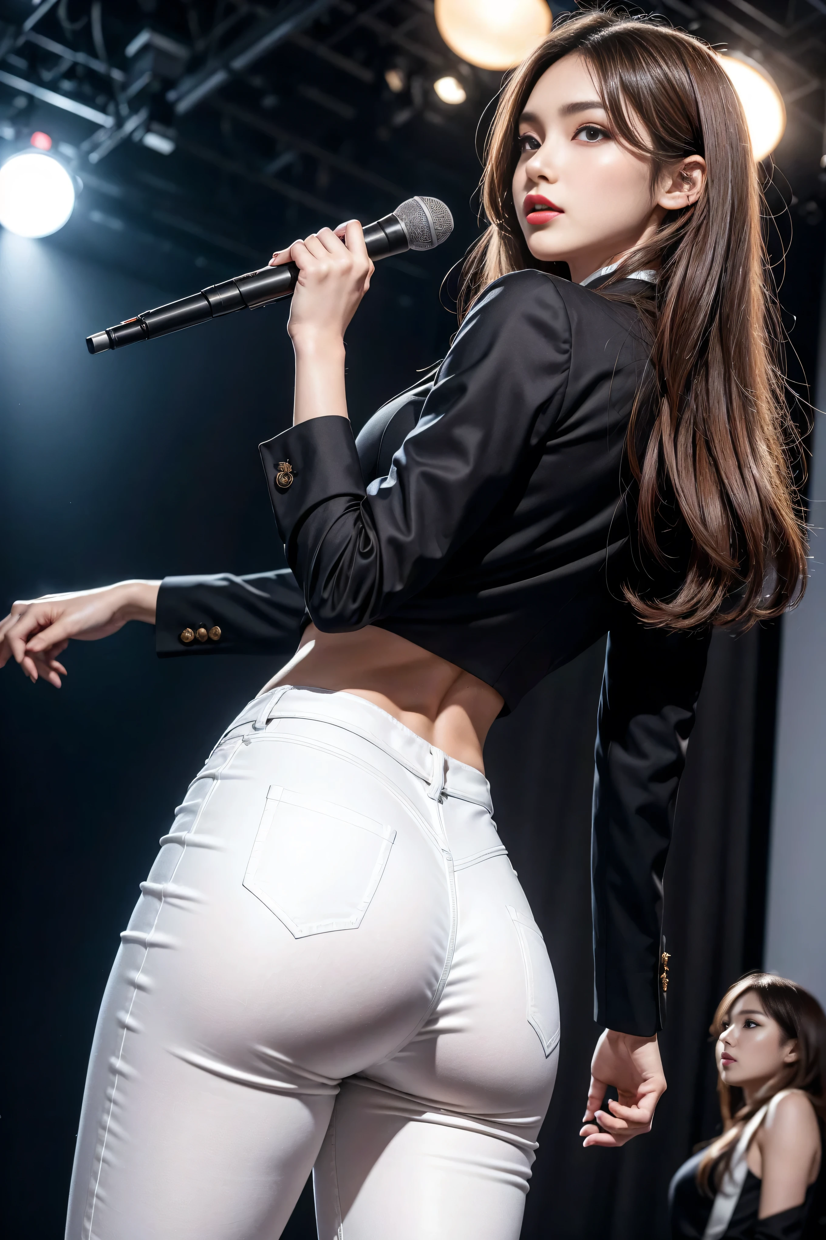 (8k,Highest Quality,masterpiece,practical,Super detailed:1.3),(1 girl,Beautiful Korean girl, Korean pop idol),(Black suit jacket:1.2),(White skinny trousers:1.1),(Serious expression:1.2)discuss,(speech,Handheld Microphone:1.2)(crowd,audience:1.3),Sexy long legs, (Thigh gap:1.5),Wide hips,S-Shaped Body, Hips lifted,,Brown curly hair,(Ass Focus:1.1)Shot from behind