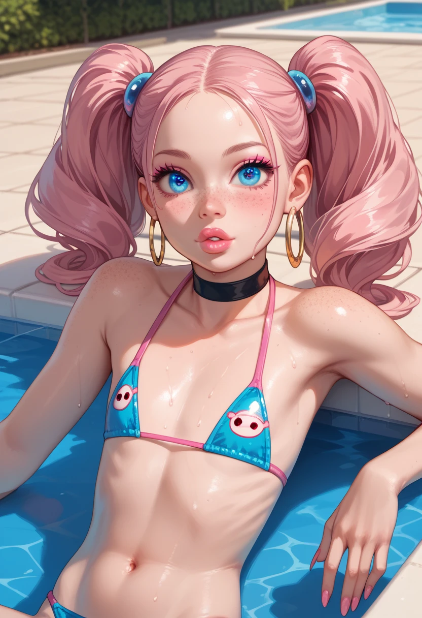 8K quality, ((ultra detailed, best quality, best quality, detailed watercolor, watercolor splash, fantastic background, colorful background, amazing art, very colorful tones, best quality, official art, stylish design)), ((most beautiful woman ever, glowing skin, shiny skin)), ((delicate eyes, best eyes ever, beautiful eyes, big eyes))(multicolored glowing hair, shiny hair, beautiful hair), (beautifully shaped breasts), ((poolside, colorful sparkly swimsuit:1.2))), (((close-up of face from knees up, shot from below)))
