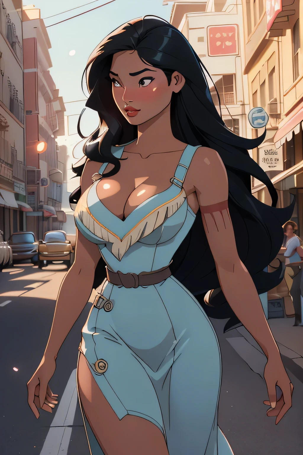 1girl in, 18, Pocahontas Waifu, photo of perfect woman, miniature ferry, Solo, Aesthetic artwork, (long hair, very long straight black hair:1.25), (clear skin, tanned skin, large breasts, DD-cup, runners body, very thin waist, skinny, petite, detailed skin texture), (cleavage, focus on breasts:1.2), (arched back (she is wearing a vintage 50s dress, flowing skirt, bouffont style dress), (walking down the street, old vehicle, soda shop), (extremely detailed 8k wallpaper), soft lighting, high quality, film grain, Fujifilm XT3 sharp focus, f 5.6, 50mm, High Detail, Sharp focus, (natural light), crazy details, complex details, hyper detailed. (cowboy photo:1.2), light particles, sfw