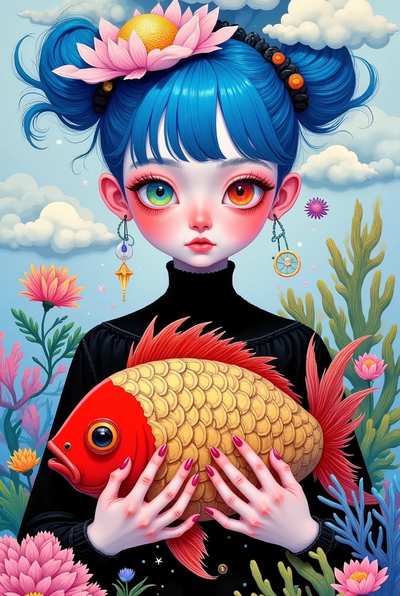 创意插画:Portrait of a girl with red eyes ,( with blue eyes and one green eye),Round Face, blue hair, cartoon style ,The clouds above your head,coral,flower,black stand-up collar。 holding a big red fish in her hands ,Golden scales。Duality