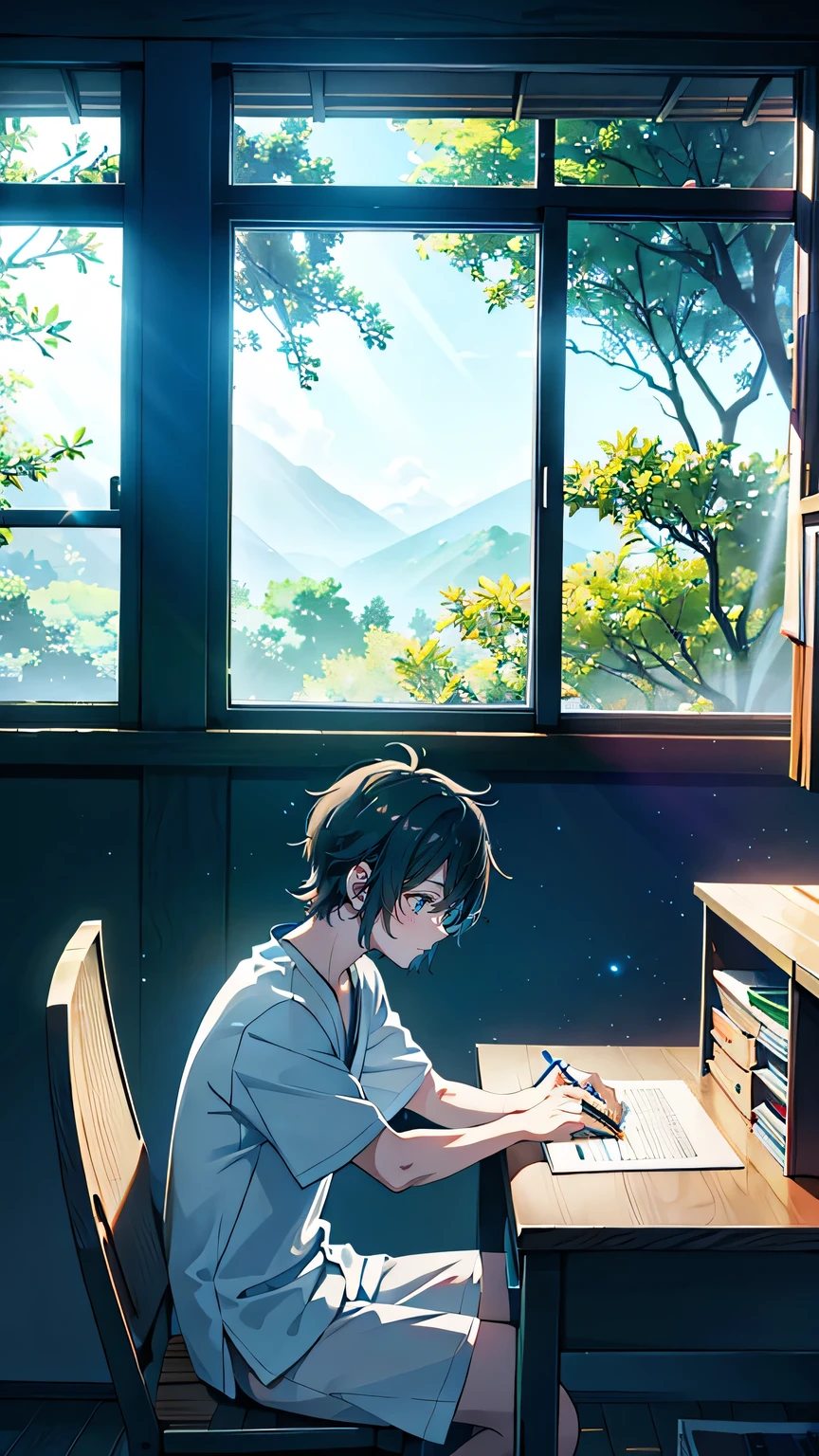 “Depict Kazuya, a 17-year-old boy, sitting alone at his desk in a quiet, empty classroom. The late afternoon sunlight streams through the windows, casting warm, golden light across the room.
Kazuya is looking at his ARデバイス, which projects a glowing holographic interface above it. As he selects an option, a glowing portal begins to form around him, shimmering with vibrant blue and green hues. The real-world classroom starts to fade at the edges, blending seamlessly into the vivid, fantastical landscape of a virtual forest.
In the virtual forest, towering, bioluminescent trees glow softly, and digital fireflies float through the air. Kazuya’s digital pet, Ryuu, appears next to him, its small wings fluttering as it looks around, ready for the adventure ahead.”