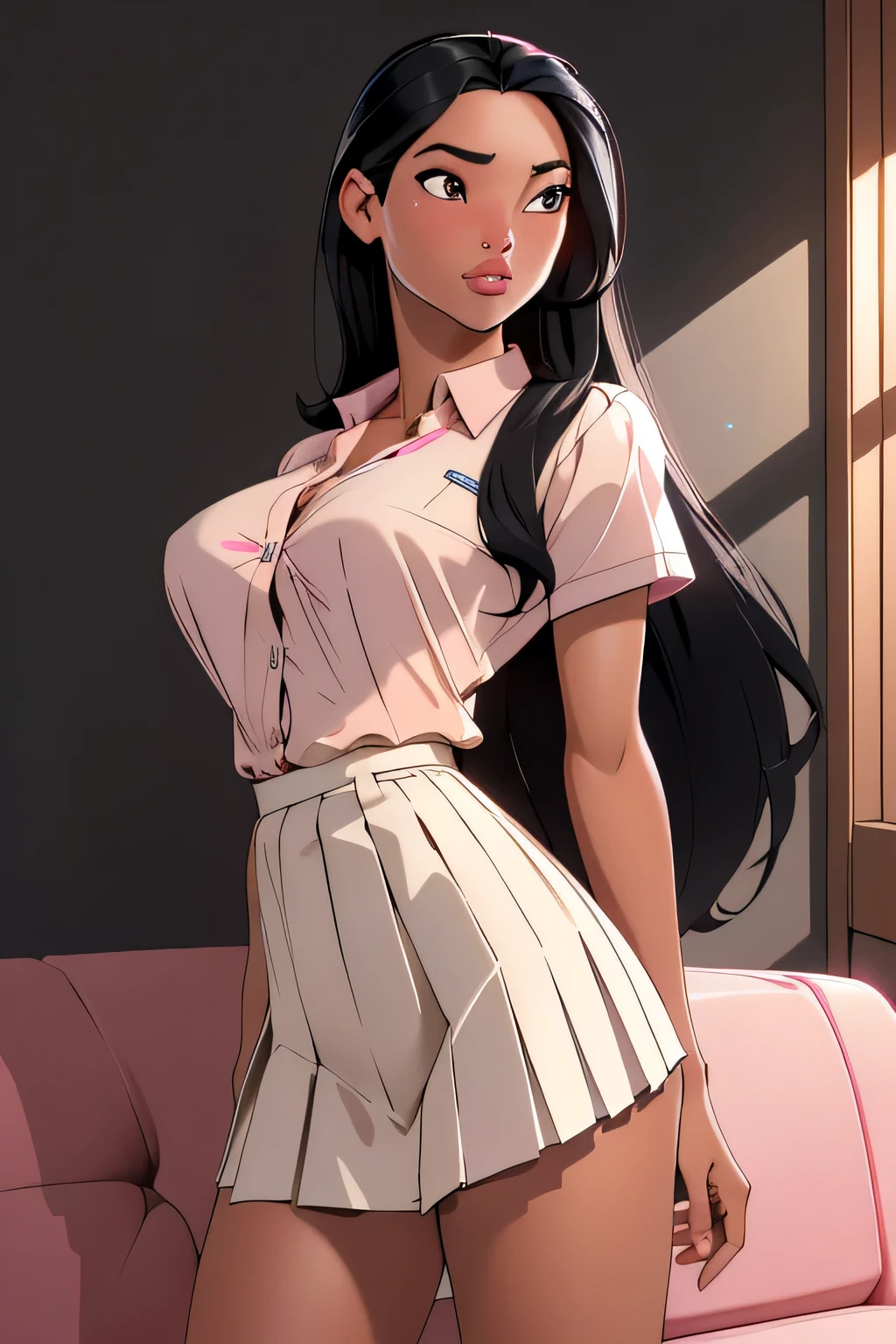 1girl in, 18, Pocahontas Waifu, photo of perfect woman, miniature ferry, Solo, Aesthetic artwork, (long hair, very long straight black hair:1.25), (clear skin, tanned skin, large breasts, DD-cup, runners body, very thin waist, skinny, petite, detailed skin texture), (upskirt, shot from buying, arched about back), (wearing a short sleeve button down white blouse, unbuttoned, (short pleated skirt pink:1.15), school girl uniform, (detailed living room background:1.1), on a couch, chilling, (extremely detailed 8k wallpaper), soft lighting, high quality, film grain, Fujifilm XT3 sharp focus, f 5.6, 50mm, High Detail, Sharp focus, (natural light), crazy details, complex details, hyper detailed. (cowboy photo:1.2), light particles, sfw