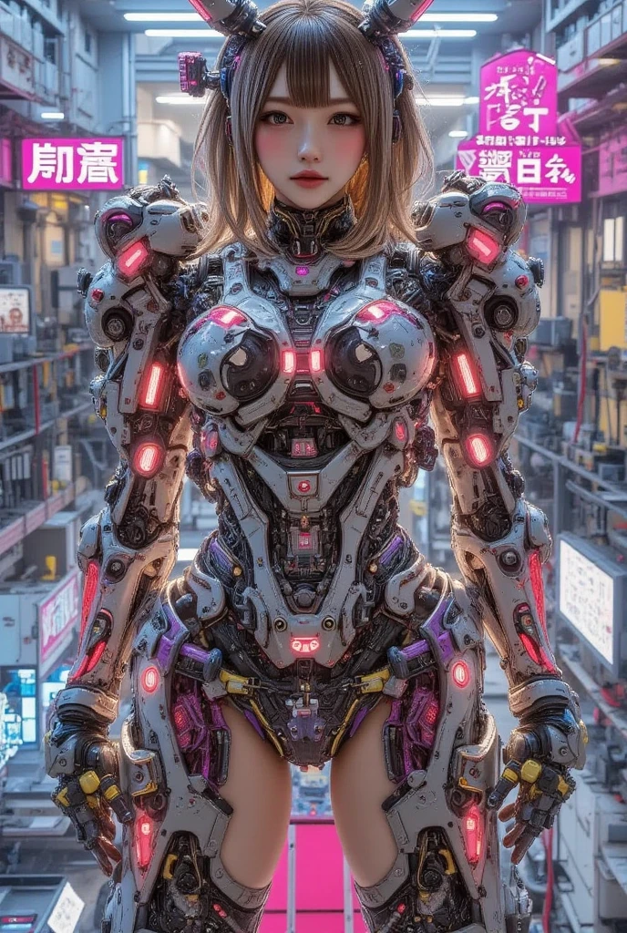 ultra-realistic, photorealistic, dramatic scene, shadow, global-illumination, solo, perfect , perfect fingers, (age Japanese famous idol girl but cyborg), very beautiful with very cute face, detailed face skin texture, (modern maid but futuristic cyborg), intricated complex cyber punk mechanical neon cyber cyborg body, (her cyborg body is fully covered with extremely detailed futuristic mechanical armored suits), absolutely complex futuristic cyborg bodysuits, neon markers are integrated in her body, head gear, (very ), slim waist, She is standing in the electro mechanical room of the futuristic laboratory, huge strange machine is continuously working in the room, cyber punk, dynamic pose, dynamic angle, she is looking at her mechanical hand