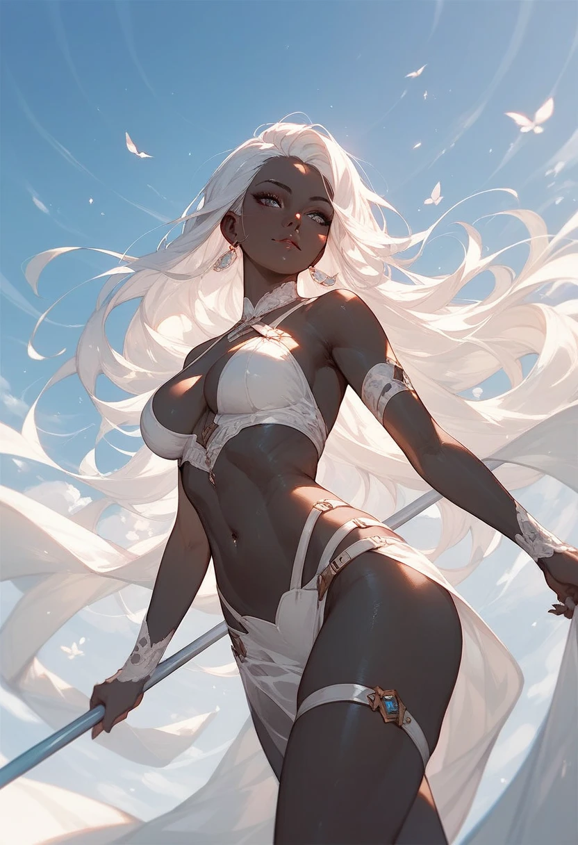 Woman with dark skin and white hair Minotaur body shooting arrows