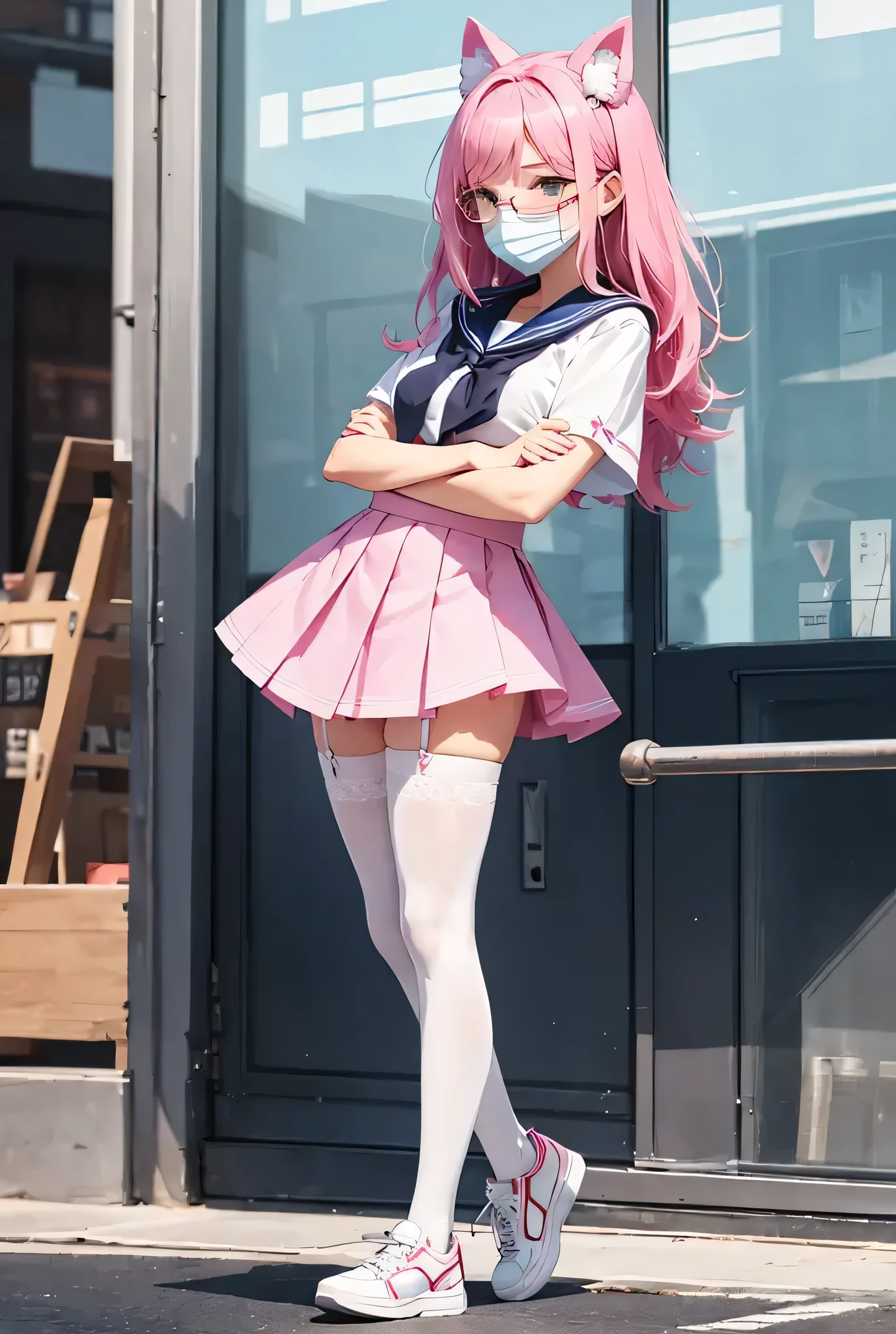 there is a woman standing on a balcony with a pink top, taken with canon eos 5 d, taken with a canon eos 5 d, taken with a canon eos 5d, thighhighs and skirt, pink tight mini-skirt, pink mini-skirt, wearing skirt, mini-skirt, anime girl in real life, very low angle