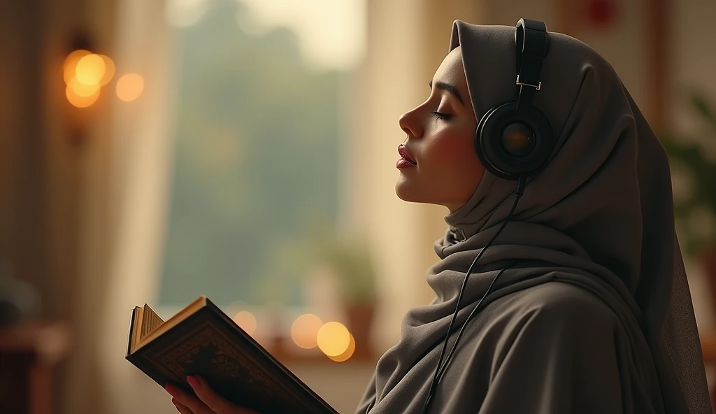 A photo of Muslim woman listening Quran with headphones smoothly on relaxing chair closed eyes