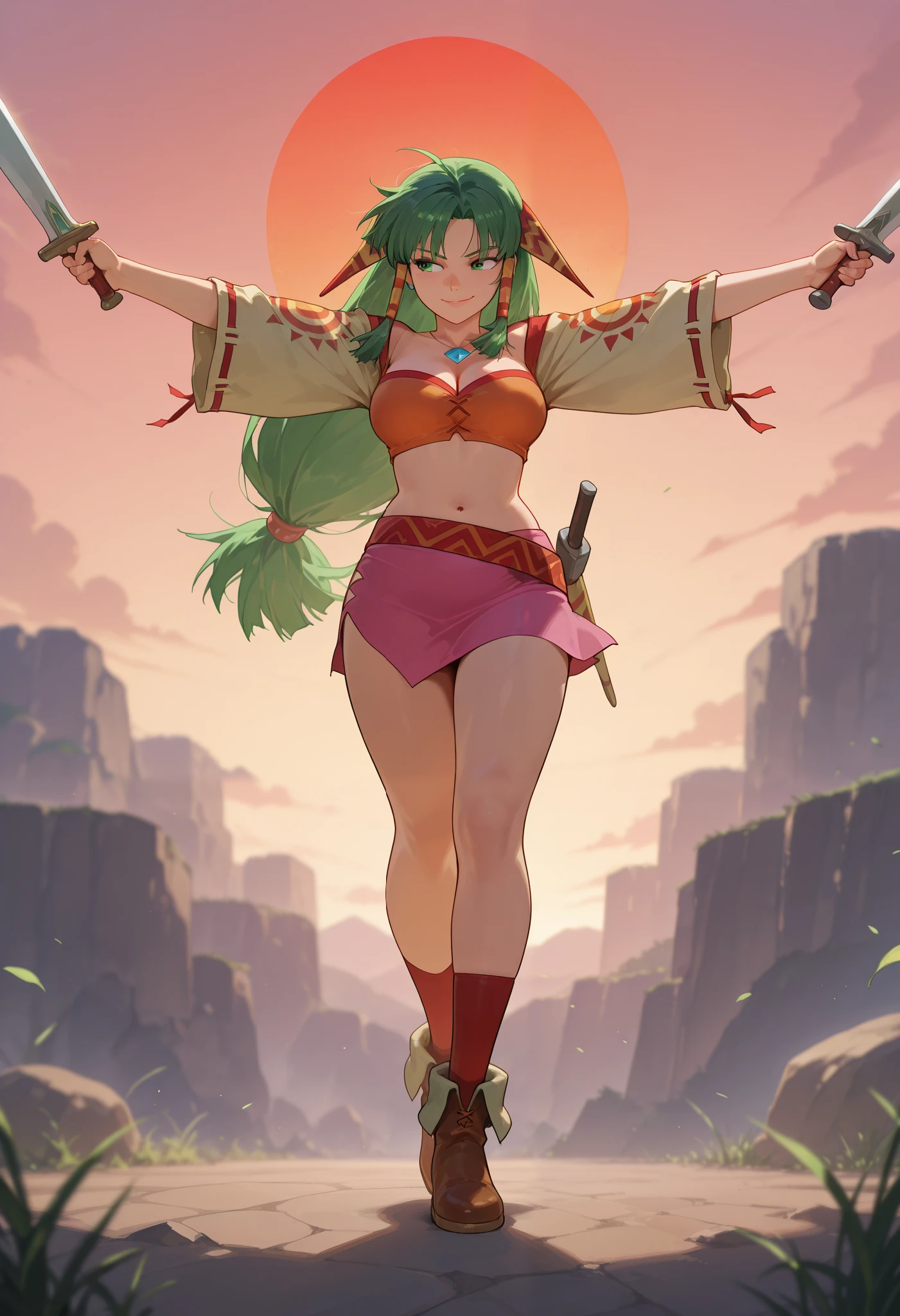 26 yo, face look alike to feena from \(Grandia\), Beautiful Mature young milf, (mature woman with lean perfection abdomen), sweet sweet decissive expression - serious expression, confident smirk, large natural breasts, Curvy body, (outdoor-holding decorated combatknives with 1hand and a whipe another hand - ready to fight a pack of wolves in fantasy classic Grandia settings), battle stance, solo, 1girl, BREAK, She wears an orange bra top that leaves her abdomen exposed, paired with a small short pink skirt held up by a thin red belt. Covering her arms is a tan-colored shawl adorned with red sun patterns on both sleeves. Her long green hair flows down her back, with some sections tied through two patterned hair accessories. She completes her ensemble with ripped red socks that extend past her knees and brown shoes featuring tribal patterns similar to those on her belt and shawl, official arts, dynamic jrpg view, fantastic fantasy vibrant background, fighting monsters,