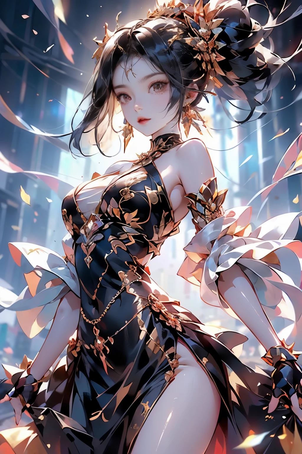 Jobria, angel wings, beautiful woman, (lifelike), backlight, black background, black skirt, black Gloves, black hair, Smile, Cowboy shooting, skirt, earrings, flowing hair, Gloves, gold earrings, gold Headband, hair flower, hair accessories, ((Headband)), jewelry, light particles, long hair, look at the audience, off-the-shoulder skirt, Off the shoulder style, petal, edge rock, alone, spike, Very beautiful dress, Double sided cloth, ((masterpiece)) , Long skirt behind covers butt, Skirt above thigh