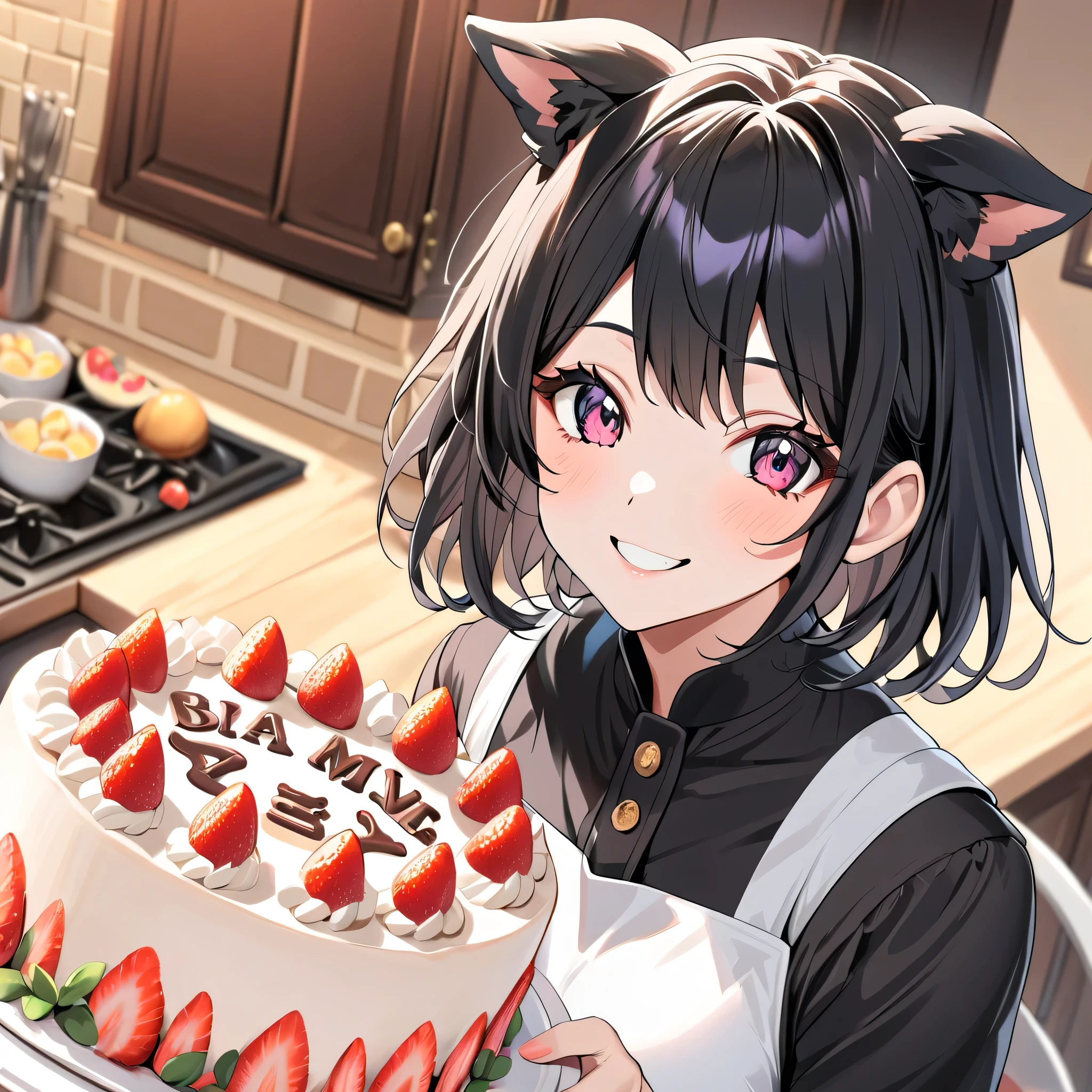 Age 19，                   Woman with Dog Ears，   Very black hair，                             black ear                           ， smile，           short hair，Cake making，Anime Images，    