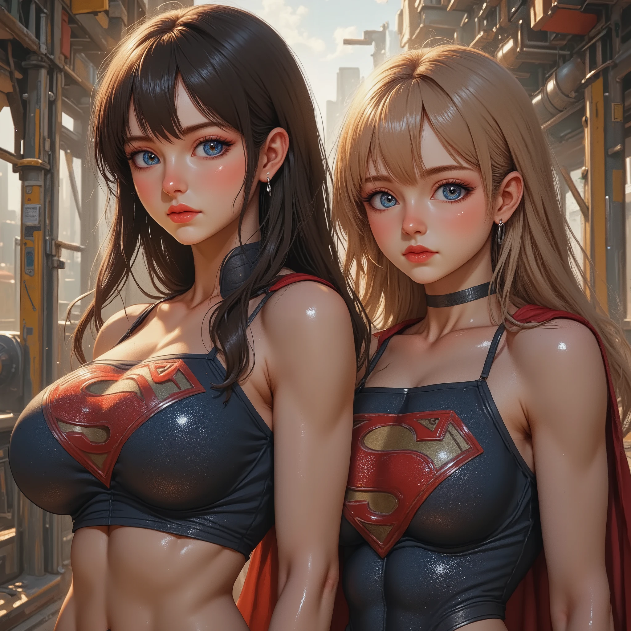 2 PEOPLE. A FULL VIEW OF A VERY SEXY ASIAN FEMALE WITH BLACK HAIR AS SUPERMAN.(STARING AT THE VIEWER, INTRICATE DETAILS, INTICATE TEXTURES, PROESSIONAL 4K PHOTOGRAPHY. PHOTO REALISM, ABSOLUTELY SEXY. LARGE "S" EMBLEM. SHE IS NOW A SEXY FEMALE SUPERMAN COUNTER PART). WEARING A 1980 SUPERMAN SUIT AND CAPE. STANDING NEXT TO A VERY SEXY ASIAN FEMALE AS SUPERGIRL WITH BLONDE HAIR STARING AT THE VIEWER, INTRICATE DETAILS, INTICATE TEXTURES, PROESSIONAL 4K PHOTOGRAPHY. PHOTO REALISM, ABSOLUTELY SEXY. LARGE "S" EMBLEM. AS SUPERGIRL)