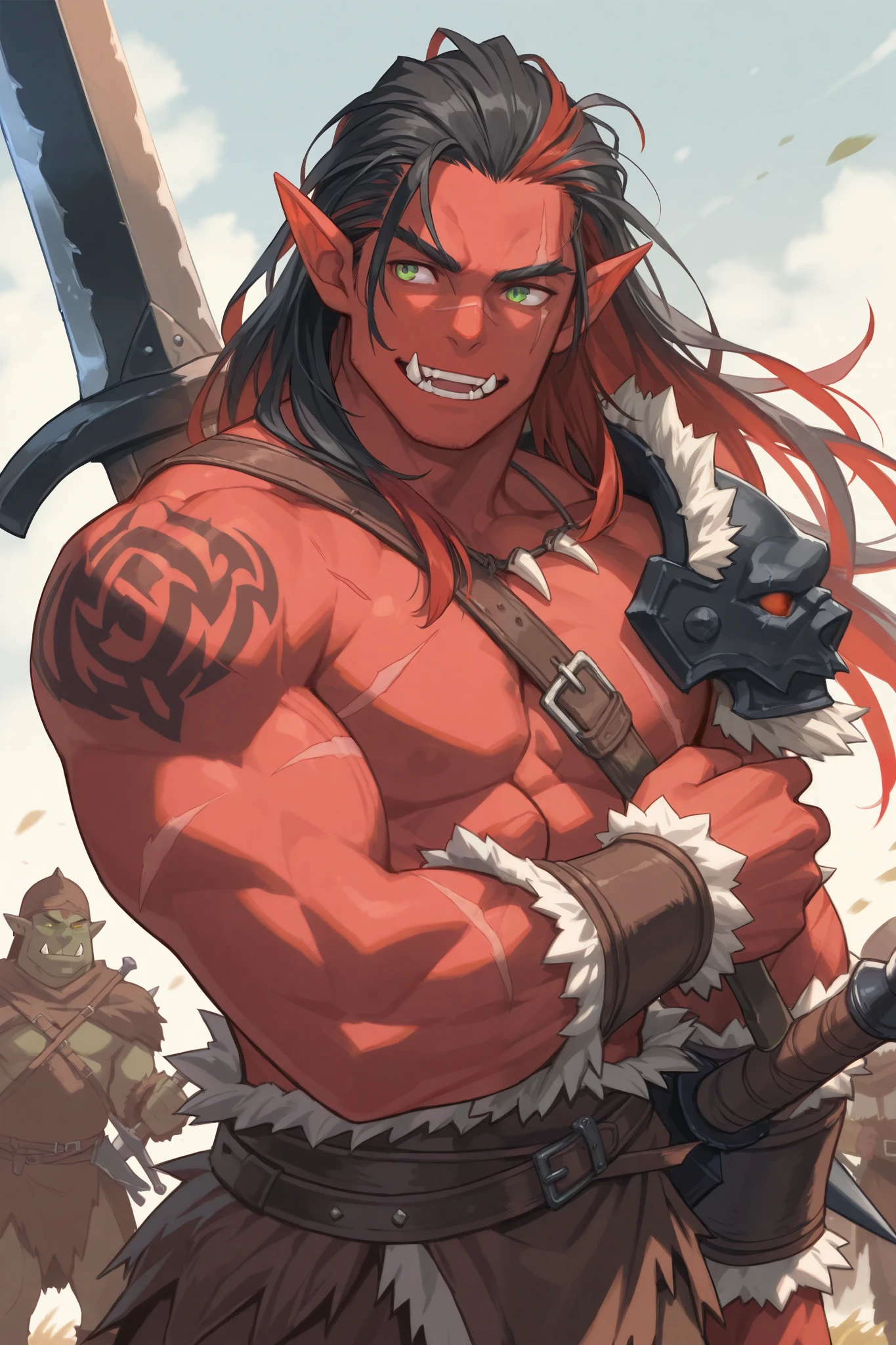 High resolution, Masterpiece, Half Orc, strong, muscular, man, 1man, Red Skin, Fangs, Mohican, mohican long, long hair, black hair, red highlights, multicolor hair, green eyes, skar, face scar, botie scars, tattoo, medieval, rpg, warrior, barbarian, berserker, great sword, smiling, wild