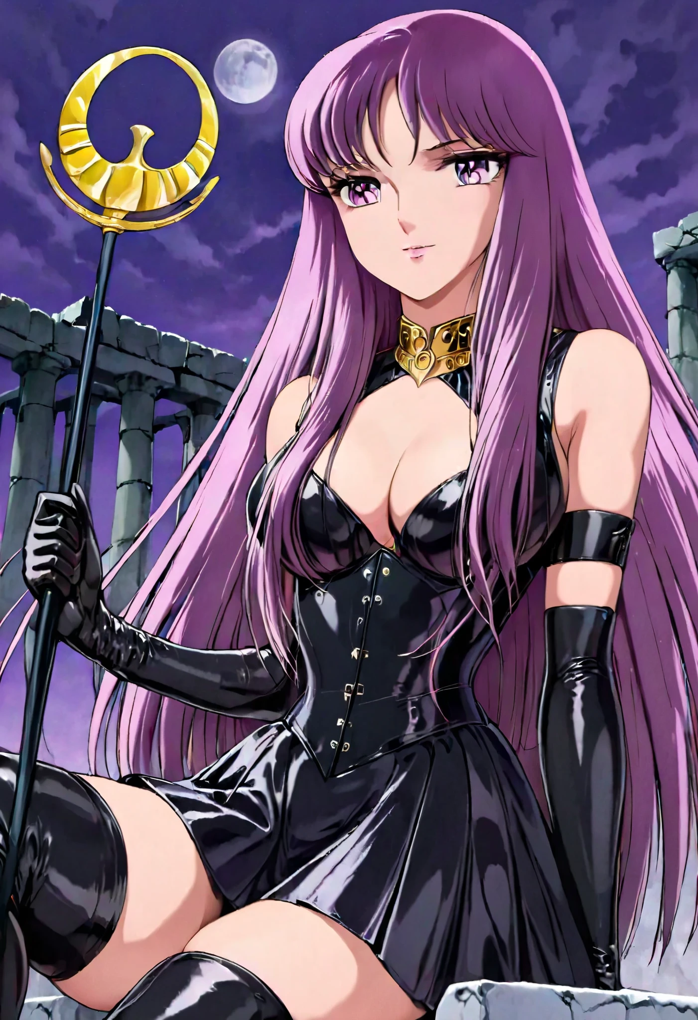 Yankee sitting、((Open legs:1.4)))、((( wide thigh opening with one legでしゃがむ)))、((( open legs in a M shape and crouch )))、BDSM、Queen、mistress、(((One girl)))、(((solo:1.8)))、(((Black latex elbow gloves:1.4)))、((( black latex corset dress :1.4)))、((( corset dress is decorated with beautiful lace)))、((( corset dress with shoulder strap )))、((( Black Latex Tight Miniskirt :1.4)))、((( Black Thigh-High Boots :1.4)))、(((Black rubber tights:1.2)))、((( stiletto heel boots that kick a man:1.4)))、((( black latex tight mini skirt )))、(((Black latex bra)))、(((Black leather collar)))、((( Sexy Poses :1.4 )))、 wide thigh opening with one leg:1.2、((( erotic )))、((( cowboy shot)))、 close-up、((( puts her hands on her hips)))、 beautiful eyes with highlights、Beautiful, smooth skin、Two perfect anatomical arms、 Anatomically Perfect 2 Legs 、(Four perfect fingers and one thumb)、 city、 detailed color、 detailed eyes、Outdoors、 Temple of Olympus in Athens 、 The straight long purple hair 、 Purple Eyes 、 gold rod with crescent moon design 、 holding a gold rod with a crescent moon design on the right hand 、 stares at viewers 、 wicked smile 、Contempt、Contempt、Cold Stare、:1.4