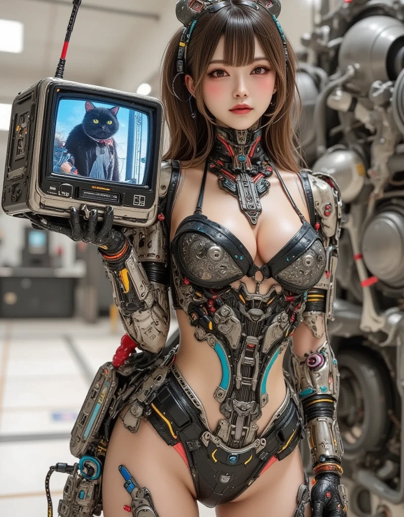 ultra-realistic, photorealistic, dramatic scene, shadow, global-illumination, solo, perfect anatomy, perfect fingers, (age Japanese famous idol girl but cyborg), very beautiful with very cute face, detailed face skin texture, (modern maid but futuristic cyborg), intricated complex cyber punk mechanical neon cyber cyborg body, (her cyborg body is fully covered with extremely detailed futuristic mechanical armored suits), absolutely complex futuristic cyborg bodysuits, neon markers are integrated in her body, head gear, (very large breasts), slim waist, She is standing in the electro mechanical room of the futuristic laboratory, huge strange machine is continuously working in the room, cyber punk, dynamic pose, dynamic angle, she is holding a vintage TV that displays a realistic giant black cat with vertical striped apron
