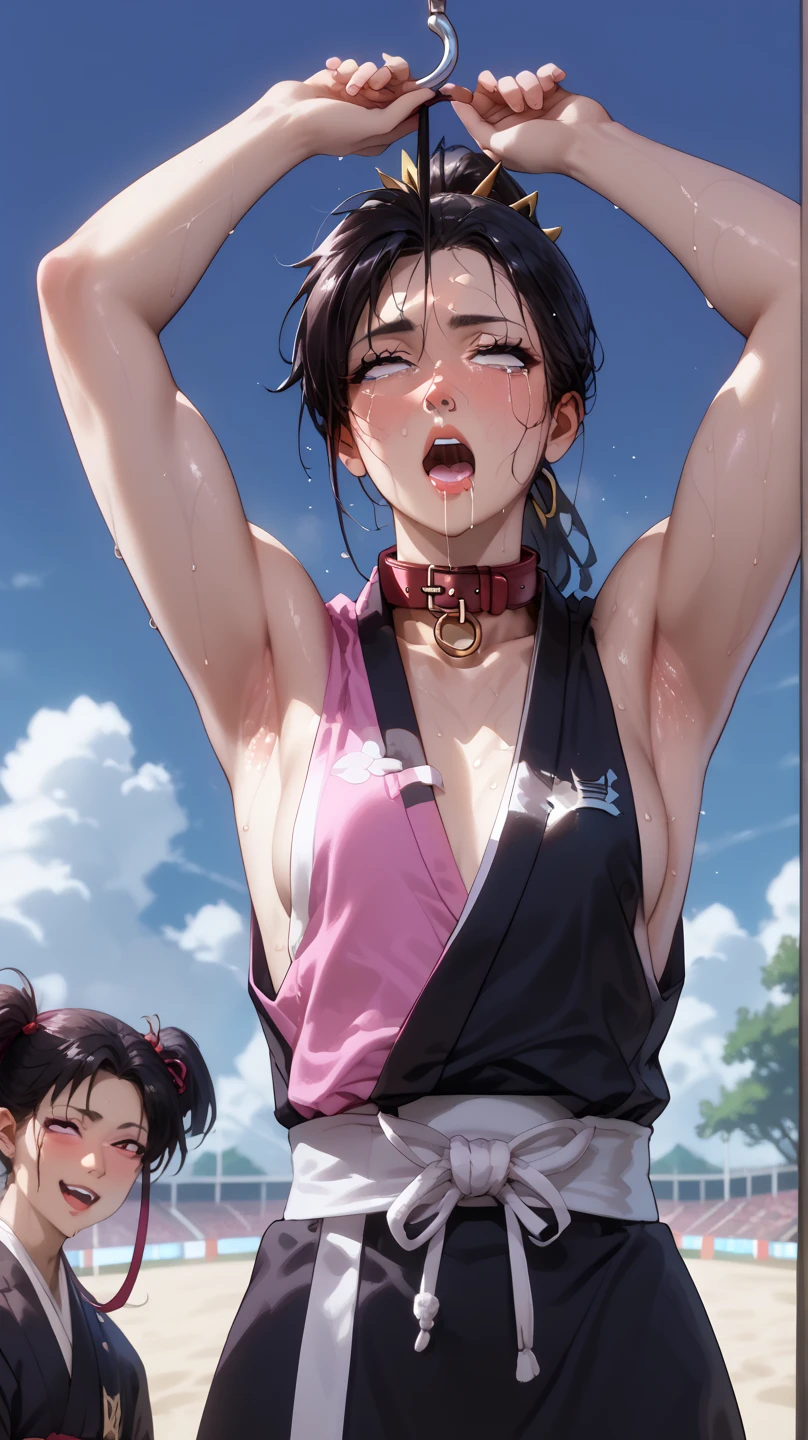 ((((masterpiece, best quality, high resolution)))), Extremely detailed 8K, 1 female, wearing a white Karate gi, (ahegao),white eyes, Small breasts, sash, japanese clothes, No underwear,No eyeballs, Facing the audience, looking at the audience, tired, from below, (Exposed armpit:1.1), ((armpit:1.2)), sexy, Sweating, More and more sweat,(ahegao), (Roll your eyes), open mouth, Sticking out tongue, saliva, Slobber,Skinny, raise arms, (arms above head:1.5)(Ultra HD, Ultra-detailed, Highly detailed, Highly realistic, Ultra-realistic, photograph realistic), (1girl:1.5), (Realistic black hair), (dynamic poses), facing at camera, looking at viewer, (slightly serious face), (perky breasts:1.2), (beautiful detailed face, beautiful detailed eyes), ((worn out karate gi)), (preparing for a fight), sweat, glow, (sunbeam, sunlight), ((cowboy shot)), inside a training gym, seductive, EnvyBetterHands LoCon,
