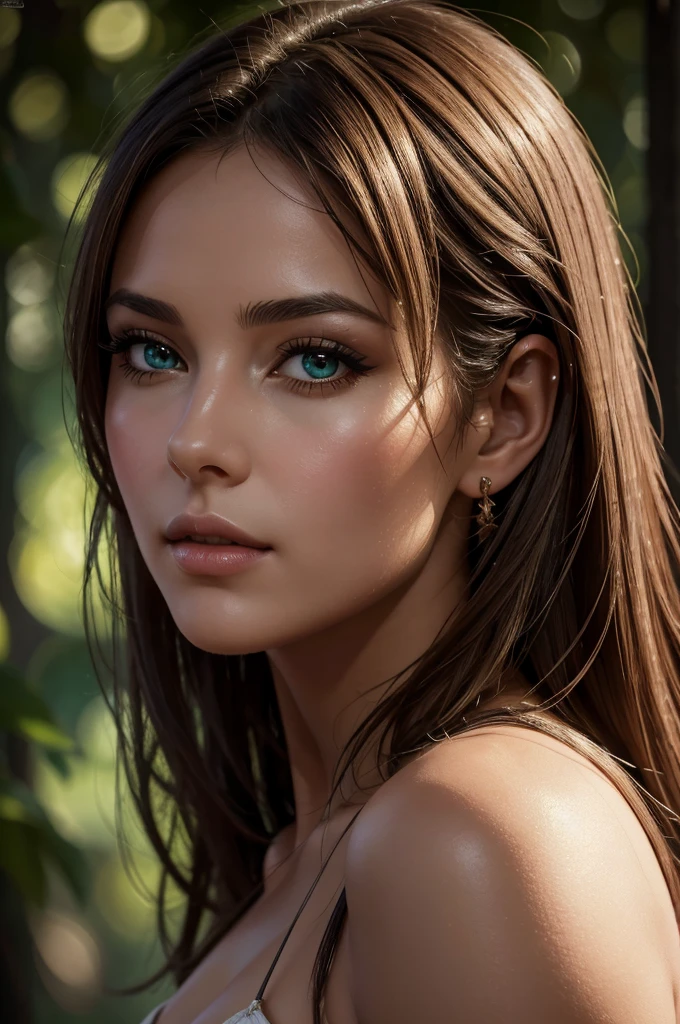 Lyana est une demi-elfe d'une beauté envoûtante, héritant du charme des elfes et de la robustesse des humains. Ses longs cheveux blonds cendrés tombent en vagues soyeuses jusqu'à ses épaules, et ses yeux, d'un vert éclatant. Sa silhouette élancée et athlétique témoigne de son entraînement rigoureux, mais conserve une douceur féminine qui attire les regards. Elle porte une armure légère en cuir renforcé, ornée de motifs elfiques gravés, qui met en valeur ses formes gracieuses tout en lui offrant une mobilité optimale. exploration d'une forêt, (((full body)))), detailled lips, detailled skin, (best quality,4k,8k,highres,masterpiece:1.2), ultra-detailed, (realistic,photorealistic,photo-realistic:1.37), beautiful detailed eyes, beautiful detailed lips, extremely detailed face, long eyelashes, flawless skin, exquisite facial features, radiant complexion, sensual lips, a beautiful woman, intricate brush strokes, beautiful lighting, Cinematic, Color correction, stylized , horror atmosphere, artistic lighting, masterpiece