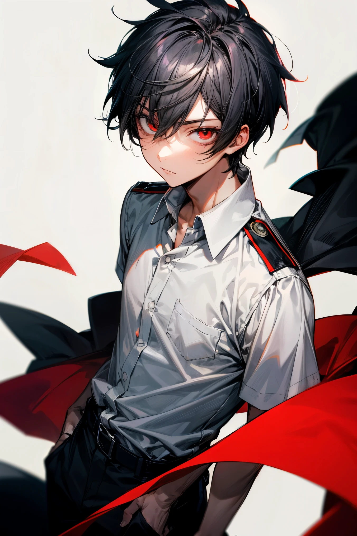 Male character with black hair, red tips, red eyes and UA uniform.