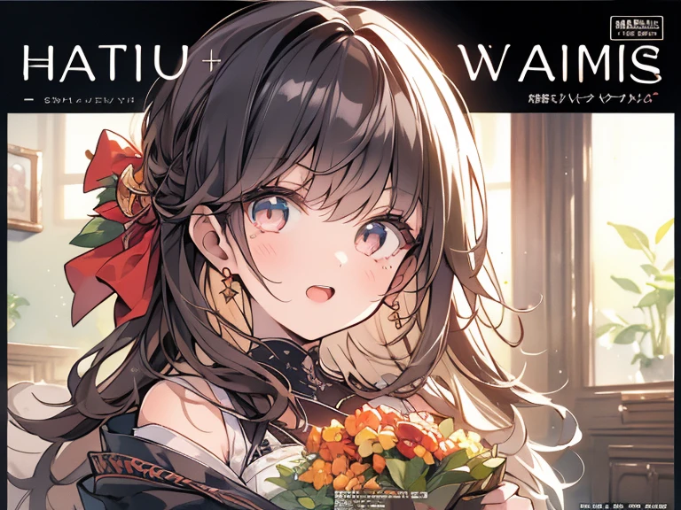 cover page, marriage information magazine, Watercolor elements, 1girl, kemono, furry, detailed body fur, animal face, animal hand, cute girl holding a red rose and looking at viewer,