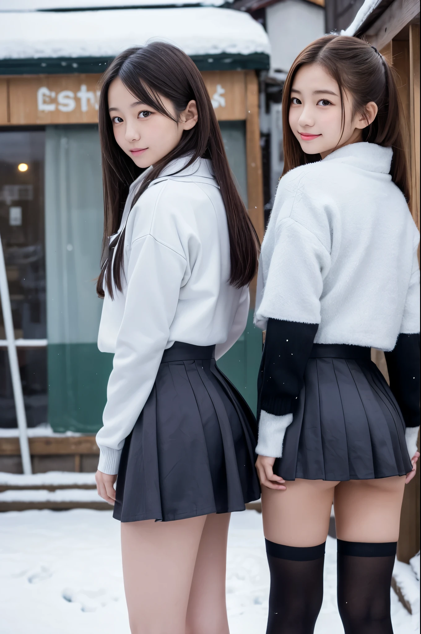 ((Grey skirt suit:1.1、shot from behind、looking back、pretty girl、black stockings、big ass))、(real、photorealistic、Super detailed、highest detail skin、highest quality、masterpiece、ultra high resolution)、the lighting is bright、emphasize the buttocks、Little pig、Panty lines are visible、cute japanese woman、17 years old、1 girl、have bangs、double eyelid、droopy eyes、smile、light beige background、shortcut、thighs