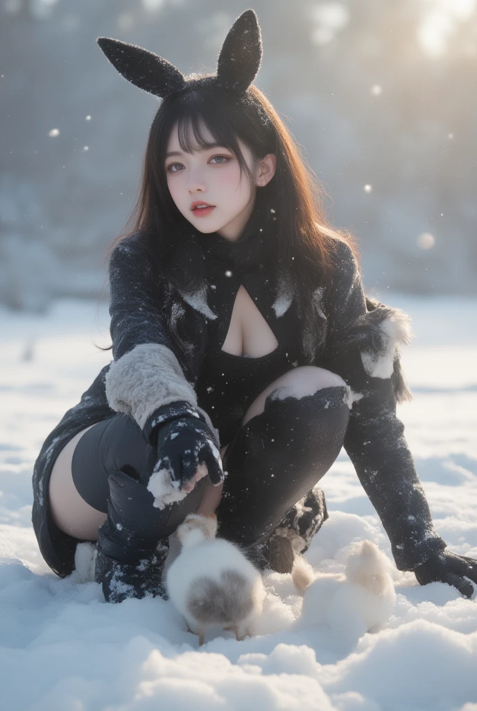masutepiece、top-quality、((20 years girl、独奏、Beautiful detailed girl))、Smile、Black Shorthair、Highly detailed eyes and face、Beautiful detailed eyes、radiant eyes、with round face、Well-formed and cute face:1.1、dye one's cheeks red、small head、hight resolution、A highly detailed、sexy pose、Illustration、super detailing、masutepiece、Fur coat、Wearing a sweater、Black miniskirt、Light Black Tights、(large full breasts:1.2、A slender)、Photograph the whole body、snowscape、in woods、Blur the background、tre anatomically correct
