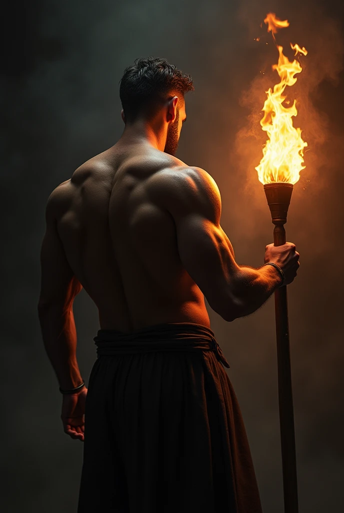 Pyroler, a naked man, long penis, Fire sword