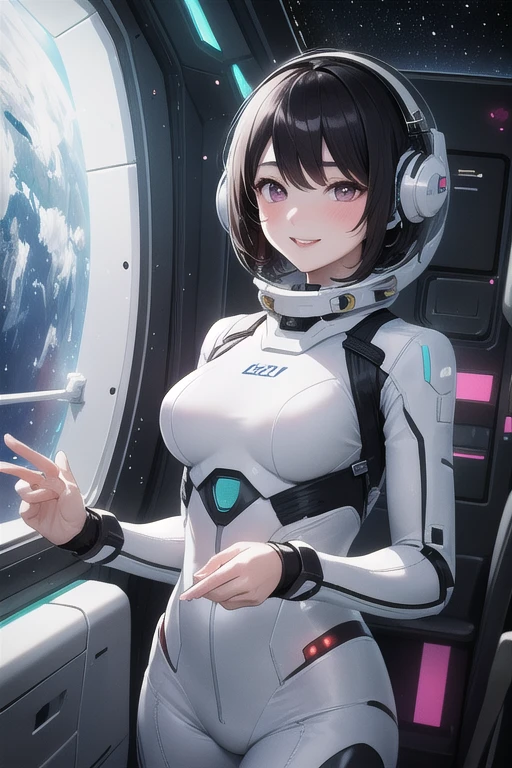 (best quality), (masterpiece), photograph, perspective, 1lovely girl, beautiful face, detailed blue eyes, blash, greet, shy, smile, perfect body, dynamic angle, close-up, dynamic pose, (erotic spacesuit:1), (spcaecraft:1.2), indoor, girl in spacecraft, female engineer, high technology, (VR:0.8), modern, advanced technology, dim light, in the dark, bokeh, flare, dirty