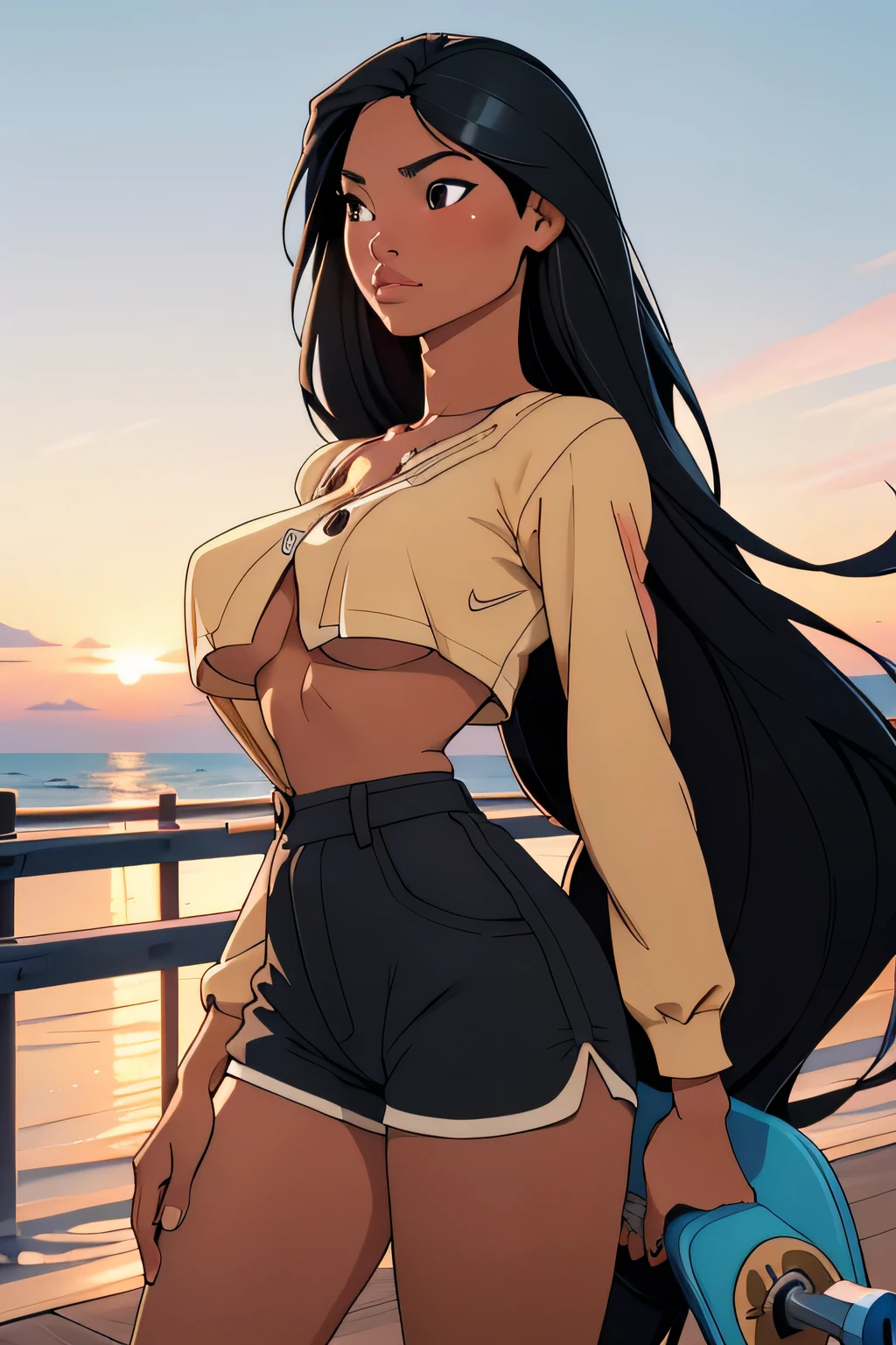 1girl in, 18, Pocahontas Waifu, photo of perfect woman, miniature ferry, Solo, Aesthetic artwork, (long hair, very long straight black hair:1.25), (clear skin, tanned skin, large breasts, DD-cup, runners body, very thin waist, skinny, petite, detailed skin texture), (under boob, focus on breasts:1.2), (she is wearing A tight Long sleeve Henley shirt, Boy shorts, Nike sneakers), full body, Riding a skateboard down Venice Beach, boardwalk, sunset Beach background, (extremely detailed 8k wallpaper), soft lighting, high quality, film grain, Fujifilm XT3 sharp focus, f 5.6, 50mm, High Detail, Sharp focus, (natural light), crazy details, complex details, hyper detailed. (cowboy photo:1.2), light particles, sfw