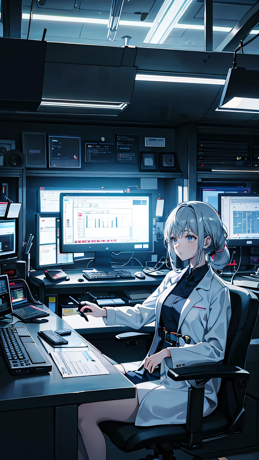 “Show Erika, a quiet and focused 22-year-old engineer, seated at her workstation in a sleek, modern tech lab. She is wearing a lab coat over casual clothing, her hair tied back as she examines a glowing circuit board in her hands.

The desk is cluttered with tools, blueprints, and scattered holographic displays projecting data and schematics. Around her, colleagues can be seen working at other stations, and the soft hum of machinery fills the room. A large window in the background offers a view of a bustling cityscape under a cloudy sky, adding a subtle contrast between the busy outside world and the focused atmosphere of the lab. The scene emphasizes Erika’s dedication to her craft and her methodical approach to problem-solving.”