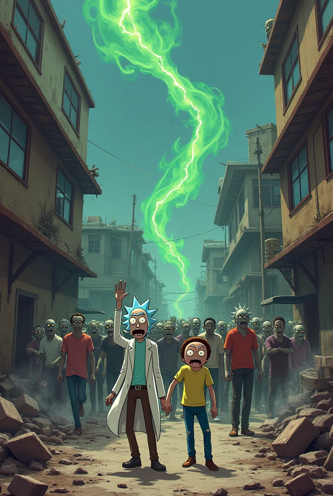 Rick and Morty surviving a zombie apocalypse, fighting off hordes of undead in a ruined cityscape.