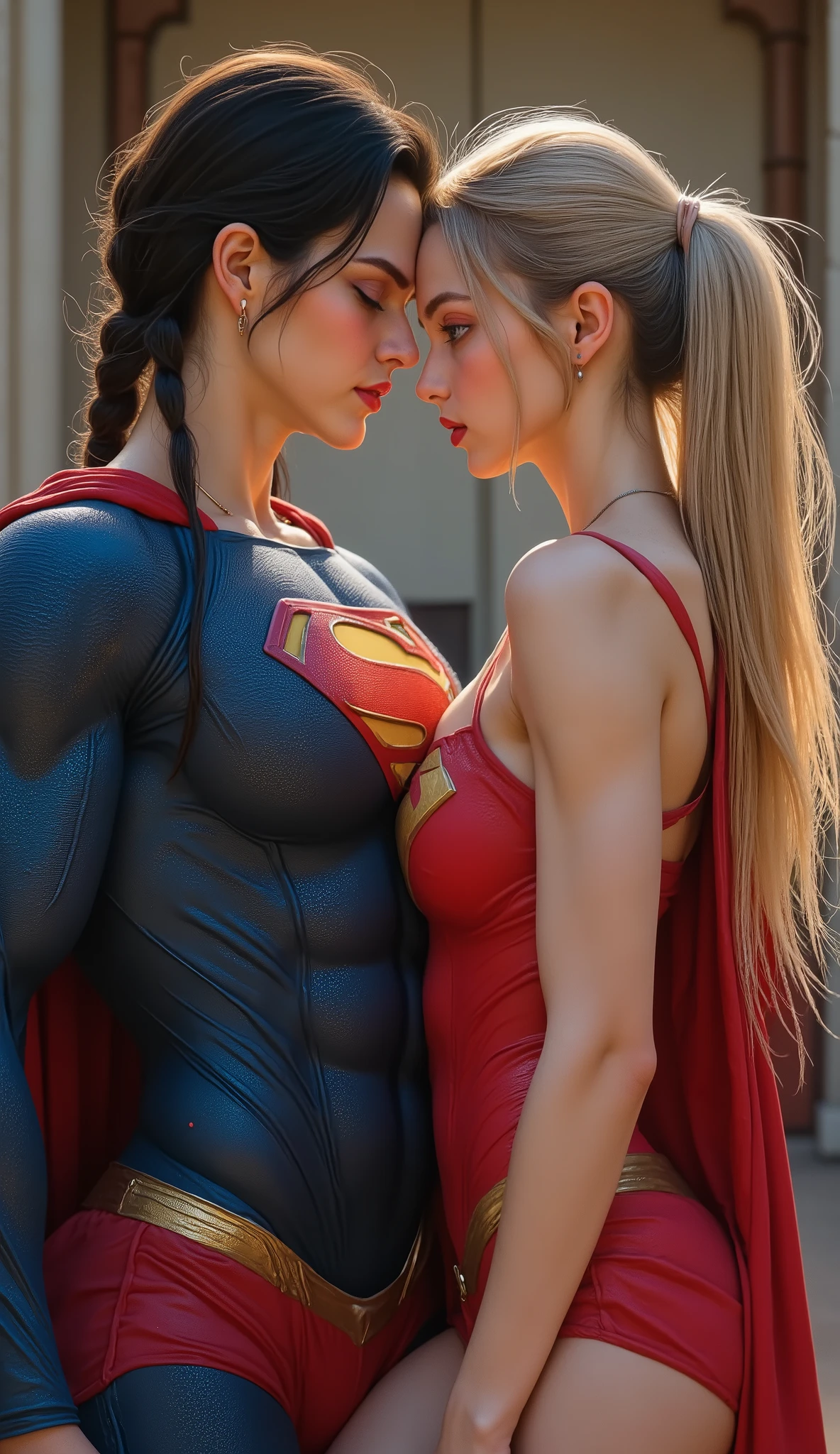 2 PEOPLE. A FULL VIEW OF A VERY SEXY ASIAN FEMALE WITH BLACK BRAIDED HAIR AS SUPERMAN.(STARING AT THE VIEWER, INTRICATE DETAILS, INTICATE TEXTURES, PROESSIONAL 4K PHOTOGRAPHY. PHOTO REALISM, ABSOLUTELY SEXY. LARGE "S" EMBLEM. SHE IS NOW A SEXY FEMALE SUPERMAN COUNTER PART). WEARING A 1980 SUPERMAN SUIT AND CAPE. STANDING NEXT TO AND KISSING A VERY SEXY ASIAN FEMALE AS SUPERGIRL WITH BLONDE HAIR IN A PONY TAIL STARING AT THE VIEWER, INTRICATE DETAILS, INTICATE TEXTURES, PROESSIONAL 4K PHOTOGRAPHY. PHOTO REALISM, ABSOLUTELY SEXY. LARGE "S" EMBLEM. AS SUPERGIRL)