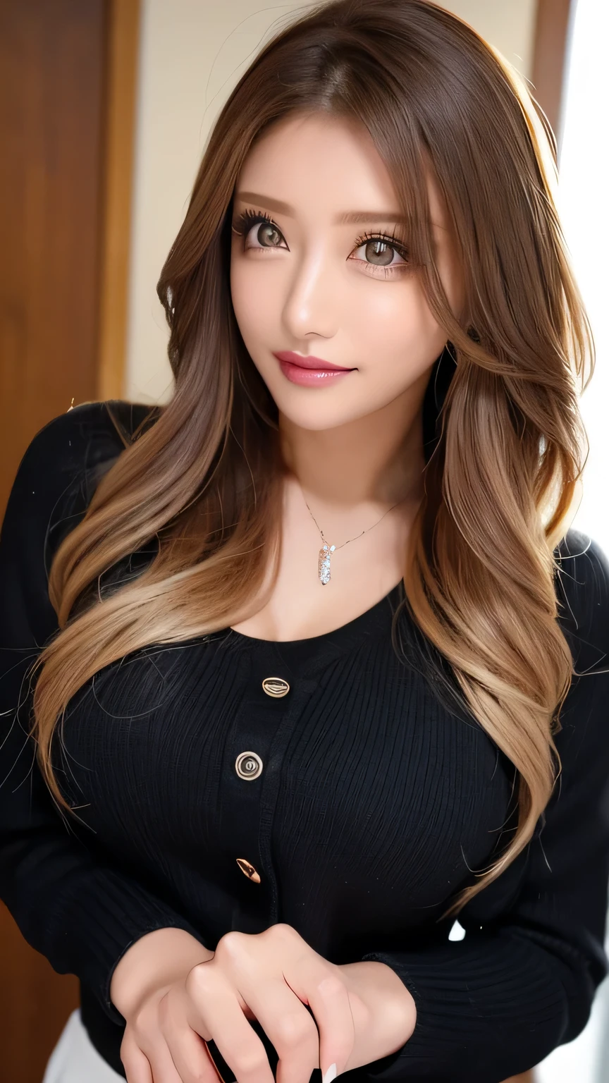 ( Cowboy Shooting 、 top quality、8k、 award-winning works 、 Ultra high resolution)、 beautiful woman、( Black sweater , Sexy cleavage:1.1)、Perfect big breasts、( blonde alone :1.1)、 beautiful skin that shines with bright, Glossy lipstick 、 a lot of people stand out with clear images 、 bright color contacts 、Perfect gal makeup、 Perfect for an adorable companion 、sexy face 、( Dark makeup for women :1.2)、( dark brown beige around the eyes :1.1)、 Beautiful Bright Eye Shadow 、 dark sexy makeup around the eyes 、(Big Breasts:1.2)、 super long wavy hair 、(Romantic affection:1.1)、 amazing adult sex appeal The best smile he has when he sees me 、( there are many people that accentuate body lines ..:1.1)、(Strongly blurred、 a 。:1.1)、( The image is clear 、 jacket :1.1)、 accurate anatomy、 ultra HD hair、( ultra high resolution perfect beautiful teeth:1.1)、Ultra HD beautiful face 、 ultra HD hair、 crystal clear bang 、Ultra HD Shining Eyes、Glowing ultra high resolution beautiful skin、 Ultra high resolutionの艶やかな唇、 Harry Winston necklace