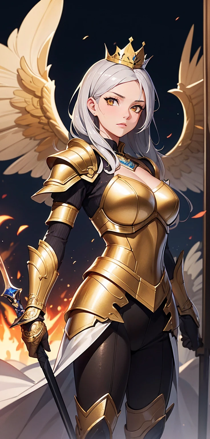 (best quality,4k,highres,masterpiece:1.2), full standing picture, tanned skin, gold eyes, twin ponytails, long eyelashes, big boobs, gold necklace, white feathered wings, gold paladin armour, holding a staff. long dress