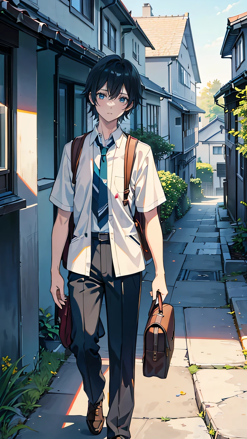 “Depict Kazuya, a 17-year-old high school student, walking quietly along a suburban street early in the morning. He is wearing his school uniform and carrying a slightly worn backpack slung over one shoulder. His expression is thoughtful, as if lost in his own world, while the rising sun casts a soft golden light over the quiet neighborhood.
Around him, small houses with flower-filled gardens line the street, and a few other students in similar uniforms are seen chatting as they head to school. A cat lounges on a wall, watching Kazuya as he walks past, and the faint sound of birds chirping adds to the peaceful atmosphere of the morning. The scene captures Kazuya’s quiet personality and the simplicity of his daily routine.”