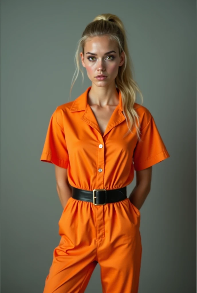 Frontal photograph of a beautiful young model with long a blonde medium length pulled back ponytail hair wearing a sexy synthetic orange prisoner jumpsuit, inmate jumpsuit, button-up, sexy view, handcuffed, hands cuffed to her back, wearing a tight black stylish belt, high black boots, short sleeves, sexy pose, very attractive look, skinny, anorexia, 19 years old, thin and athletic body, (thin girl 1:5), short sleeves, supermodel face and body, brown eyes, long pants, hands at back, elastane synthetic orange prisoner jumpsuit, jumpsuit made of elastic silk, jumpsuit has 4 visible silver buttons, her belt is made of stylish leather, elastic silky jumpsuit, jumpsuit is not tight on body, perfect woman, slim, (large perfect round fake breasts:1.0), (perfect Hands), (blonde medium straight ponytail hair:1.2), (wasp waist:1.3), big heavy black stylish designer belt of leather, visible breast contours, light blonde hair, a lot of cringles and creases on the jumpsuit, light blonde hair, full body view, tops of her boots visible, sporty ponytail, short sleeves, sexy model pose, she is highlighting her but in her pose, no pockets, looking at viewer like she wants ???, 70's prisoner jumpsuit, 80's orange prison jumpsuit, 90's prisoner jumpsuit, Soviet orange prison jumpsuit, hands handcuffed, handcuffed, handcuffs on her wrists, hands at back, hands cuffed to her back, hands handcuffed to her back, full body view, knees visible