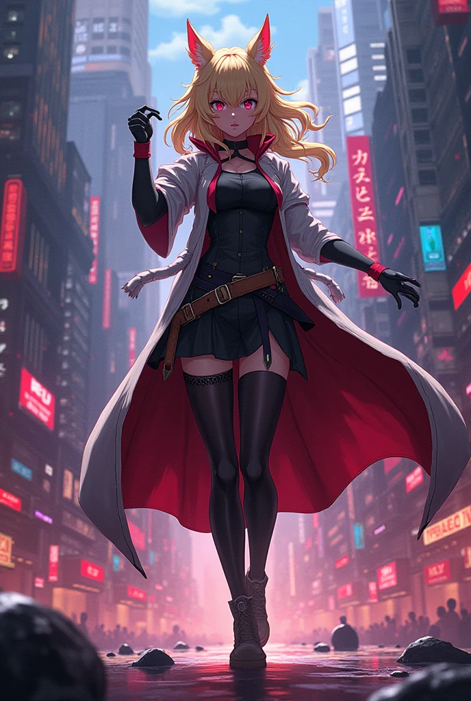 Age 30 years woman, Long blonde hair with pin doll, Wearing left eye patch, wearing a black red white bodysuit with cloak, high heels, red nails and eyes, On the cyberpunk city, looking at viewer, sad, best quality, masterpiece, HD, Full Body, beautiful face, Night sky, variation angle, Swing on the building