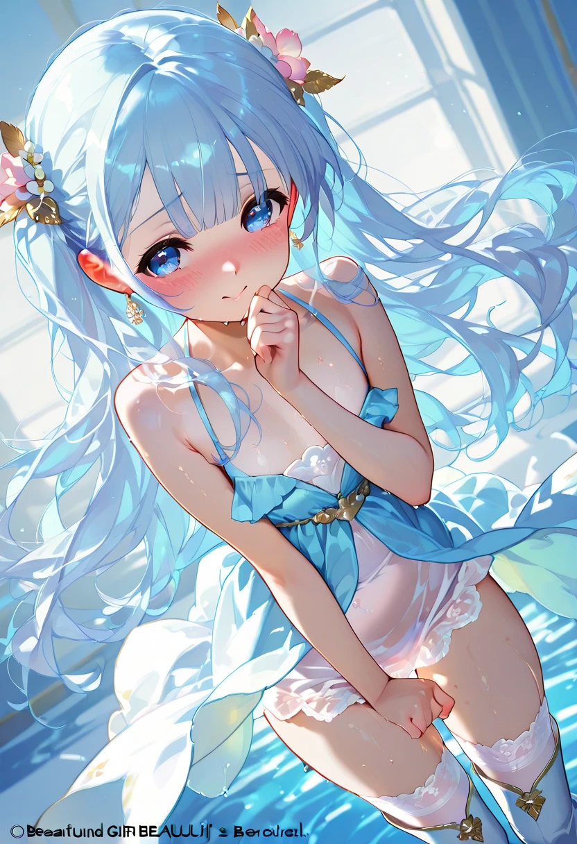 masterpiece, best quality, extremely detailed, (illustration, official art: 1.1), 1 girl, (((light blue long hair))), light blue hair, , long hair ((blush)), cute face, big eyes, masterpiece, best quality, (((a very delicate and beautiful girl)))), amazing, beautiful detailed eyes, blunt bangs (((kitten,little delicate girl, flat chest)))), tareme (true beautiful: 1.2), sense of depth, dynamic angle, 1girl, kawaii, cute, , long hair, bangs, ,(mini cats on head:1.2),(best quality, ultra detailed, ultra hires),(absurdres:1.3),