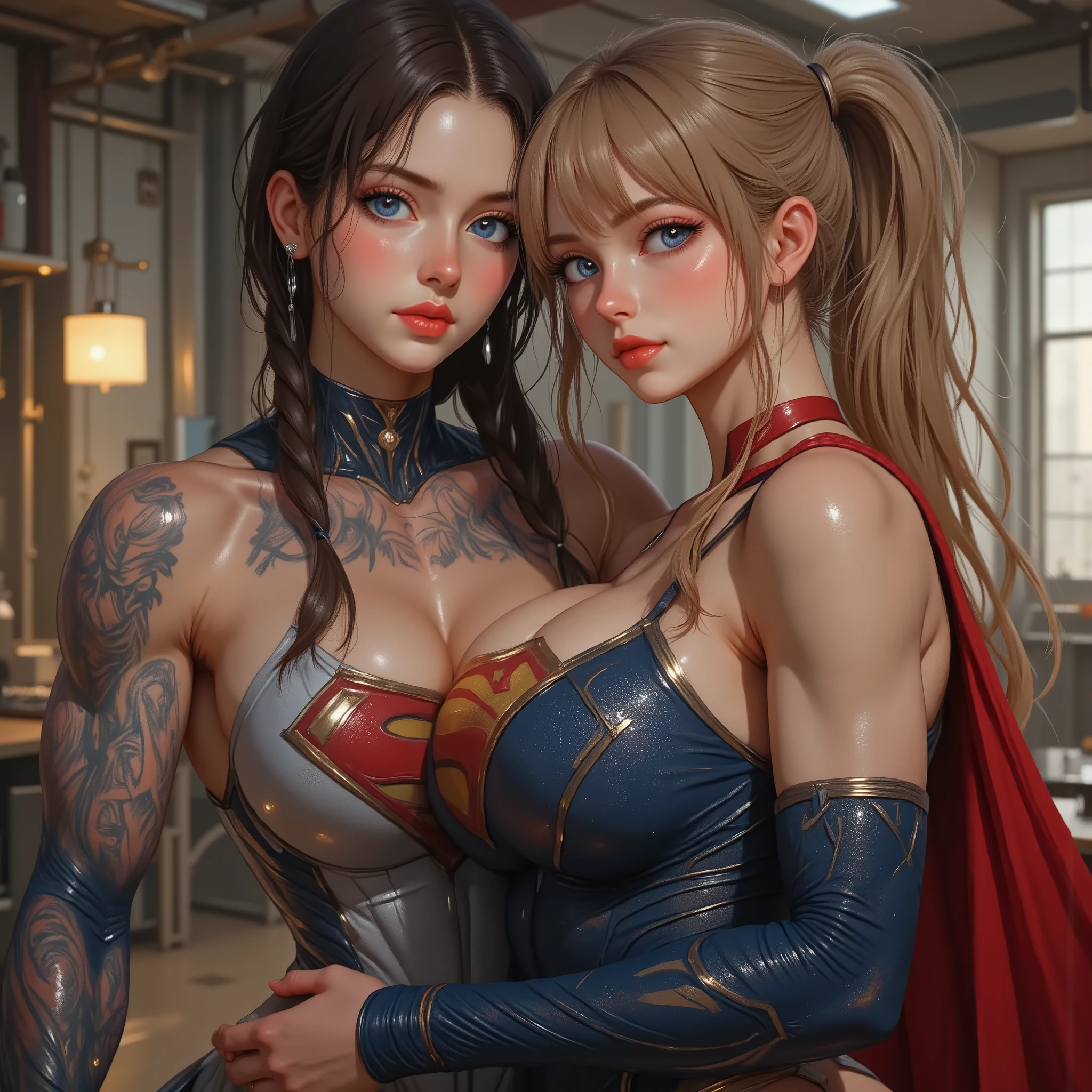 2 PEOPLE. A FULL VIEW OF A VERY SEXY ASIAN FEMALE WITH BLACK BRAIDED HAIR AS SUPERMAN.(STARING AT THE VIEWER, INTRICATE DETAILS, INTICATE TEXTURES, PROESSIONAL 4K PHOTOGRAPHY. PHOTO REALISM, ABSOLUTELY SEXY. LARGE "S" EMBLEM. SHE IS NOW A SEXY FEMALE SUPERMAN COUNTER PART). WEARING A 1980 SUPERMAN SUIT AND CAPE. STANDING NEXT TO AND PASSIONATELY KISSING A VERY SEXY ASIAN FEMALE AS SUPERGIRL WITH BLONDE HAIR IN A PONY TAIL STARING AT THE VIEWER, INTRICATE DETAILS, INTICATE TEXTURES, PROESSIONAL 4K PHOTOGRAPHY. PHOTO REALISM, ABSOLUTELY SEXY. LARGE "S" EMBLEM. AS SUPERGIRL)