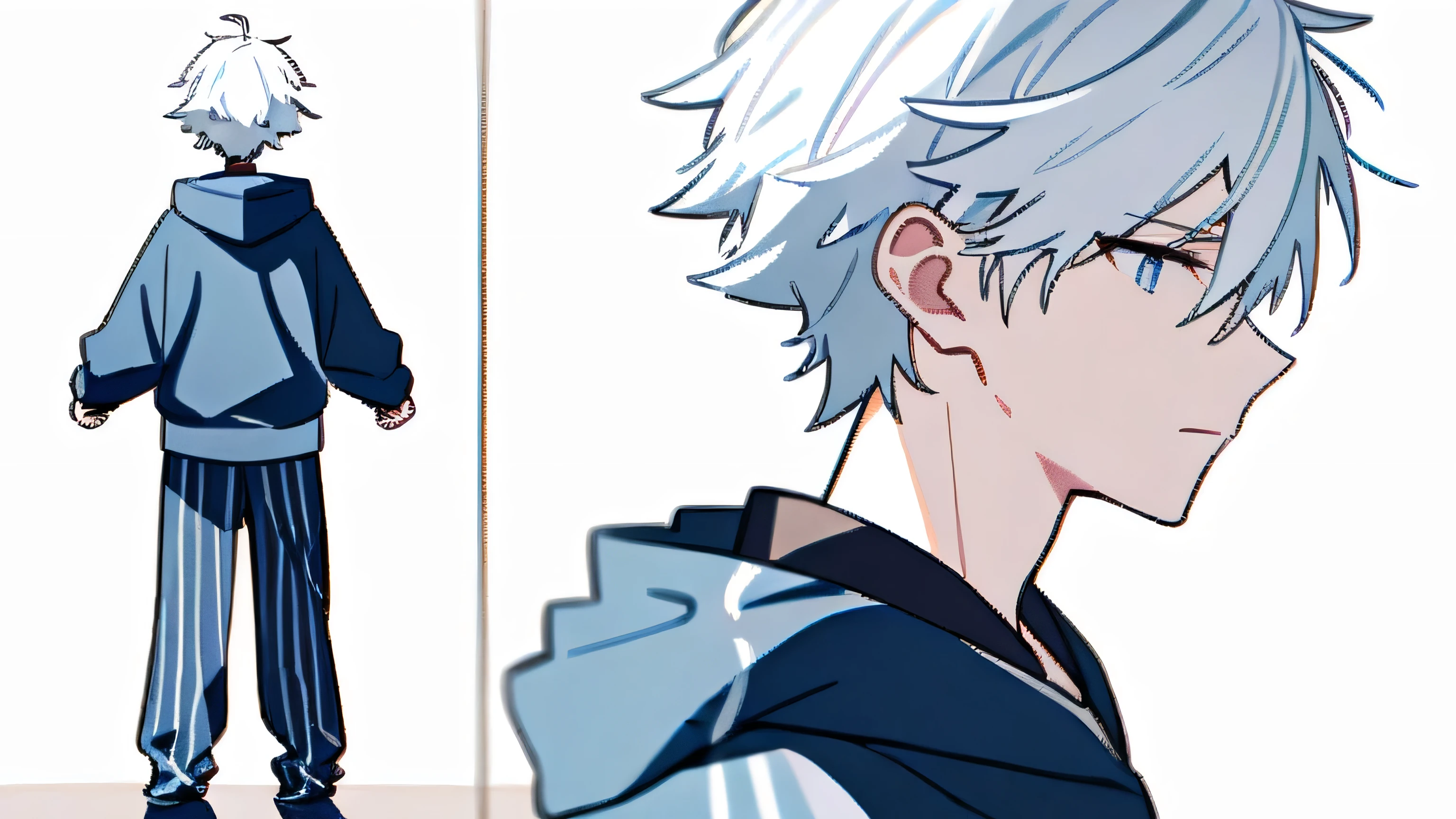 /imagine prompt: a young man with exquisite features, white hair and eyes, wearing a stylish hoodie and loose pants. He appears shy with a flushed face. The background is a pure, bright white. The image should include full panoramic views showcasing the man in three positions: front view, left view, and back view. --niji 6 --ar 16:9 --zoom 1.2 --no dividing line