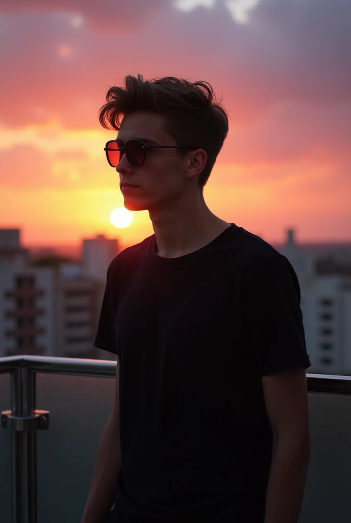 A teen white guy standing in balcony background is Sunset with wearing black t shirt and black sunglasses side image view