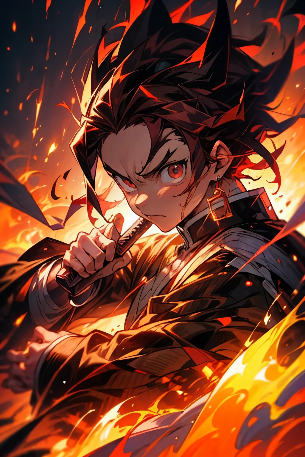 anime - style picture of a young Tanjiro Kamado, man, holding a sword, Fire um ihn herum, Important Anime Art, Demon Slayer , handsome guy, detailed Important Anime Art, Key images of the anime , Otaku from Ganga, blazing underworld , official art , badass anime 8 k, detailed anime character art , brown hair with red highlights , detailed eyes , Lights around , Fire, Light, Attack, dramatic, an epic, fighting stance, portrait, Grab for sword , schwert leuchtet Firerot