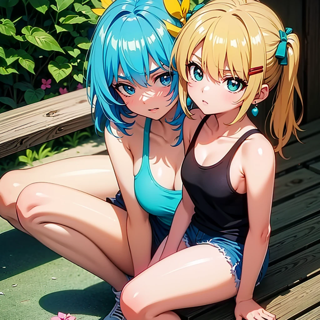 、Kindergarteners、、6 years old、、 of、hatsune miku、nature,null, cloud, hatsune miku, embarrassing expression,embarrassing,blush,big breasts,sit with legs apart,striped panties,skirt,open thighs,I can see through my clothes,clothes get wet