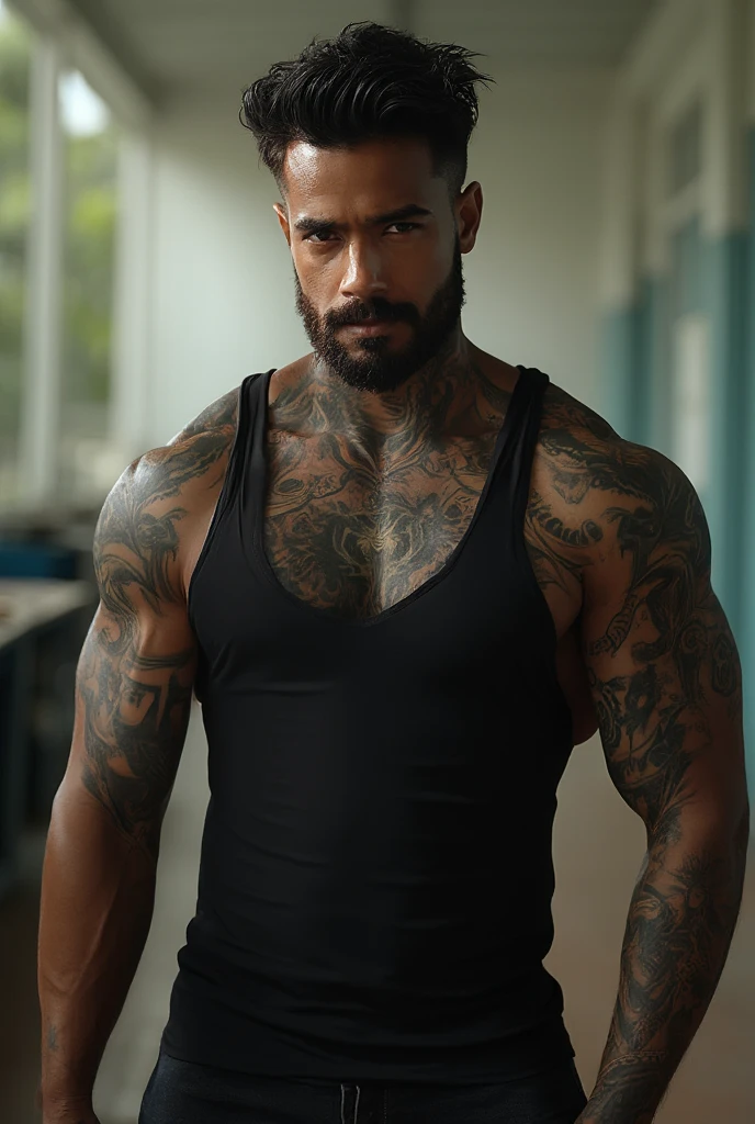 RAW photo in sequence, uma foto de um homem adulto, 40 anos, musculoso, obeso, cabelos curtos pretos, tattoos on the hands, severe expression, vestindo roupas pretras, standing, frontal de perto, ambiente escuro, fundo pouco definido, natural lighting, HDR, foto realista, foto profissional, interagindo discretamente com o espectador, aspecto intimo, fotorrealista, robusto, Square head, cabelos curto e preto, tattoos on the hands, sobrep