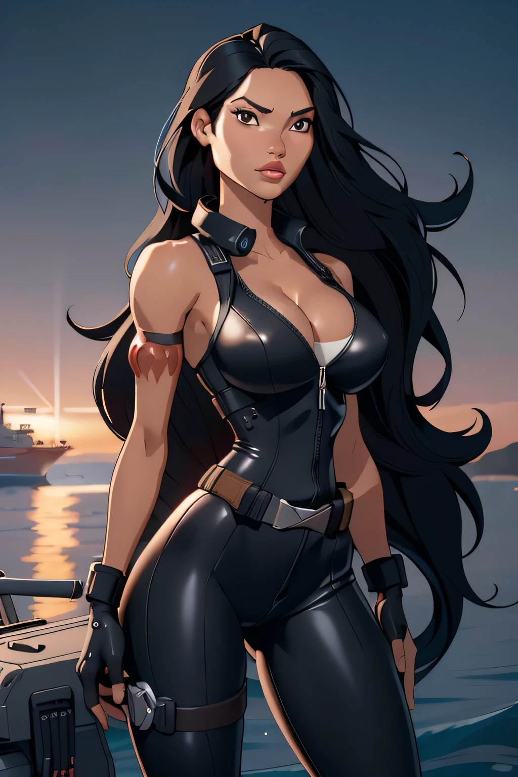 1girl in, 18, Pocahontas Waifu, photo of perfect woman, miniature ferry, Solo, Aesthetic artwork, (long hair, very long straight black hair:1.25), (clear skin, tanned skin, large breasts, DD-cup, runners body, very thin waist, skinny, petite, detailed skin texture), (cleavage, focus on breasts:1.2), (she is wearing a black leather one piece, black widow cosplay, utility belt, black leather fingerless gloves, unzipping suit, cleavage), aircraft carrier, military, ocean, (extremely detailed 8k wallpaper), soft lighting, high quality, film grain, Fujifilm XT3 sharp focus, f 5.6, 50mm, High Detail, Sharp focus, (natural light), crazy details, complex details, hyper detailed. (cowboy photo:1.2), light particles, sfw