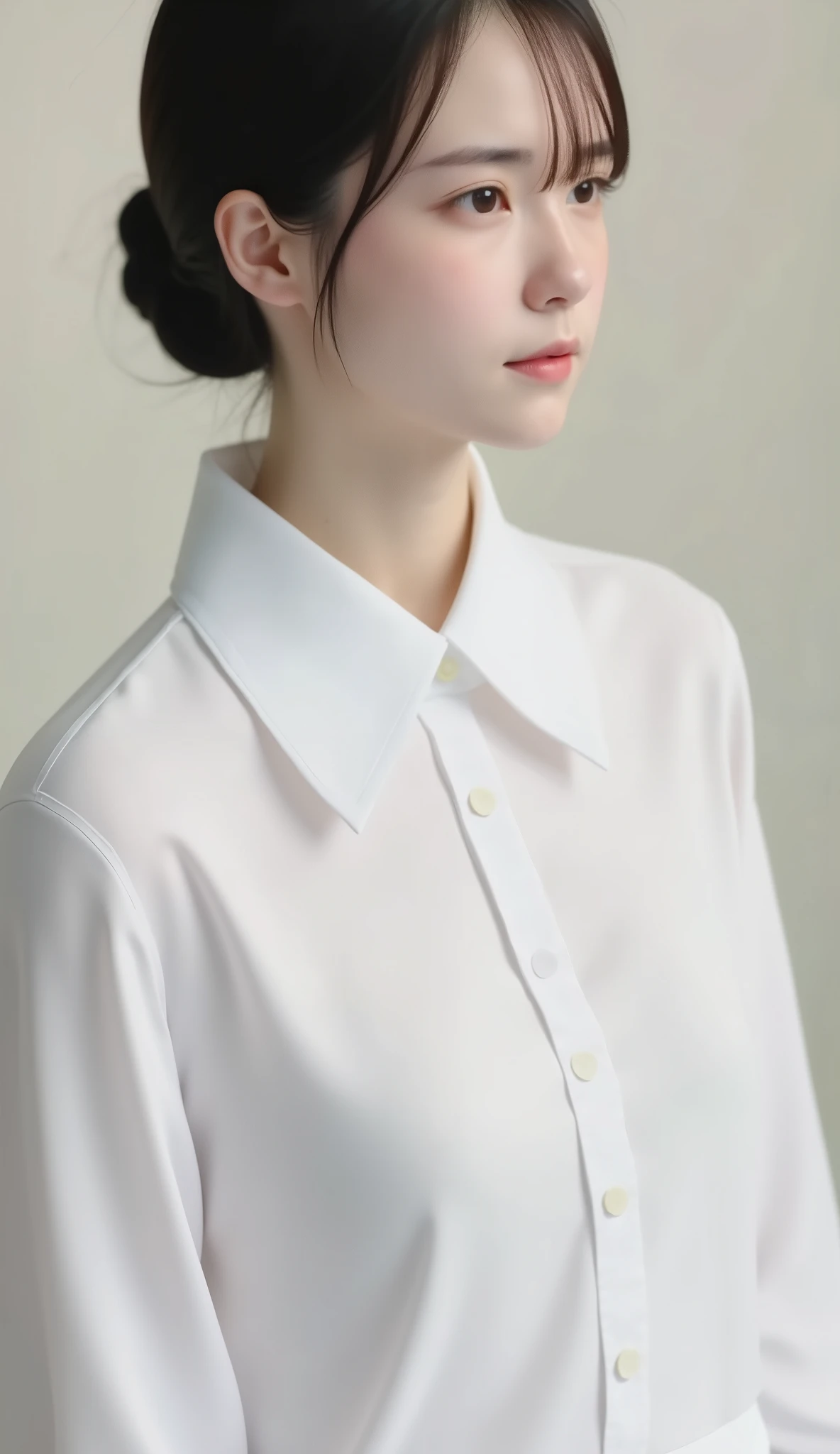 masterpiece, Highest quality, (RAW Photos:1.3), Realistic, Upper body photo, Beautiful adult woman, Age 27, Long face, Long-term. Neatly tied black hair, clean, Symmetrical face, Symmetrical eyes, Stern expression, (White blouse, Small breasts:1.4), intellectual, A neat female teacher, classroom, blackboard