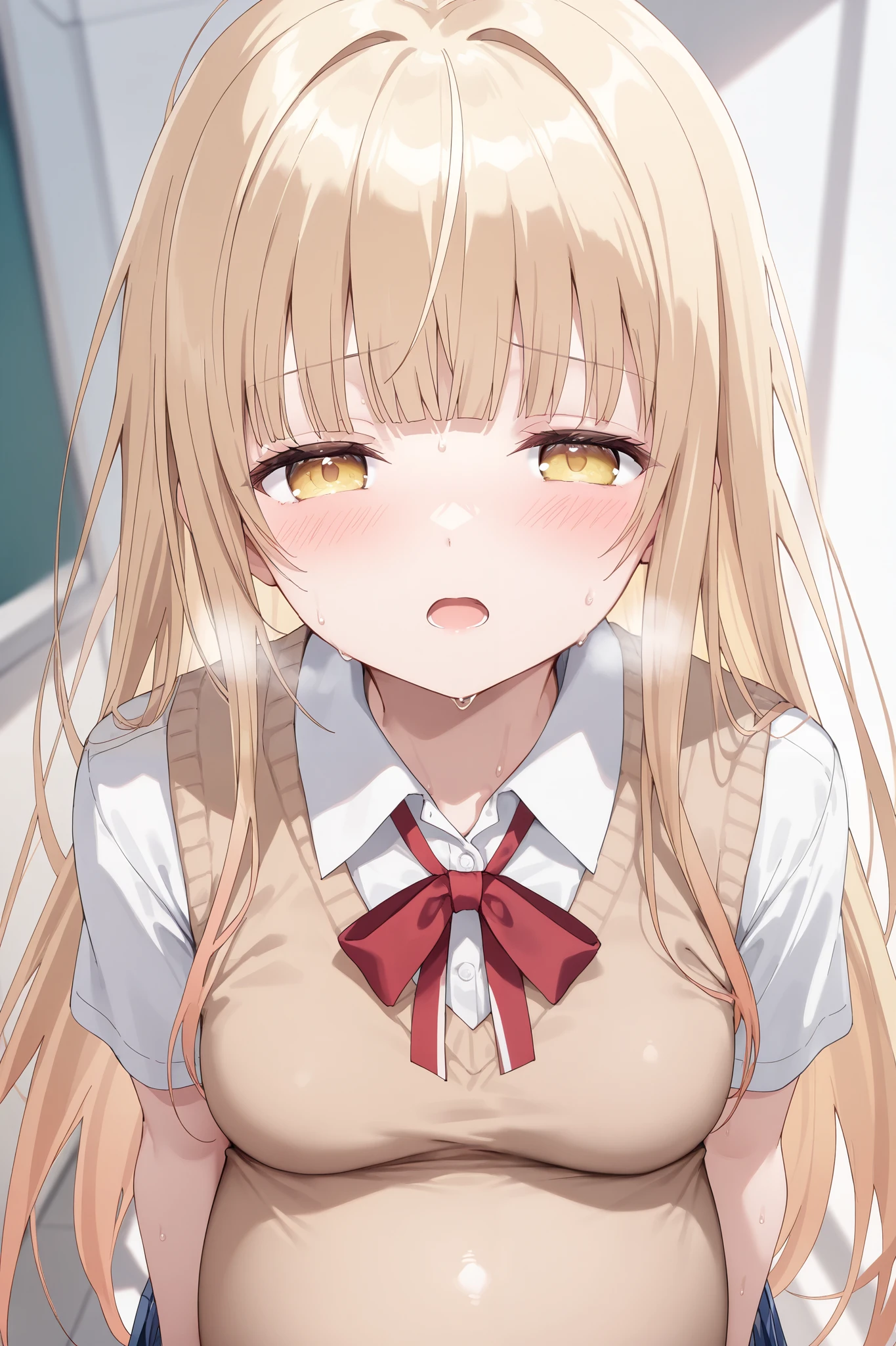 (Best quality, 4k, 8k, high resolution, masterpiece:1.2), ultra detailed, intricate details,SOLO,beautiful girl, alone, school uniform, middle hair, blond hair, blunt bangs,caramel-colored eyes, small-medium breasts, red ribbon tie, blush, perfect smooth skin, looking at viewer, half closed eyes,head tilted, (Pregnant:1.0), Mahiru Shiina, Otonari no Tenshi, (painful_expression:1.0), winced in pain, open mouth, heavy breathing, birth pain, Closed Eyes, heavy breathing, a is out from the channel, (sweating:1.0)