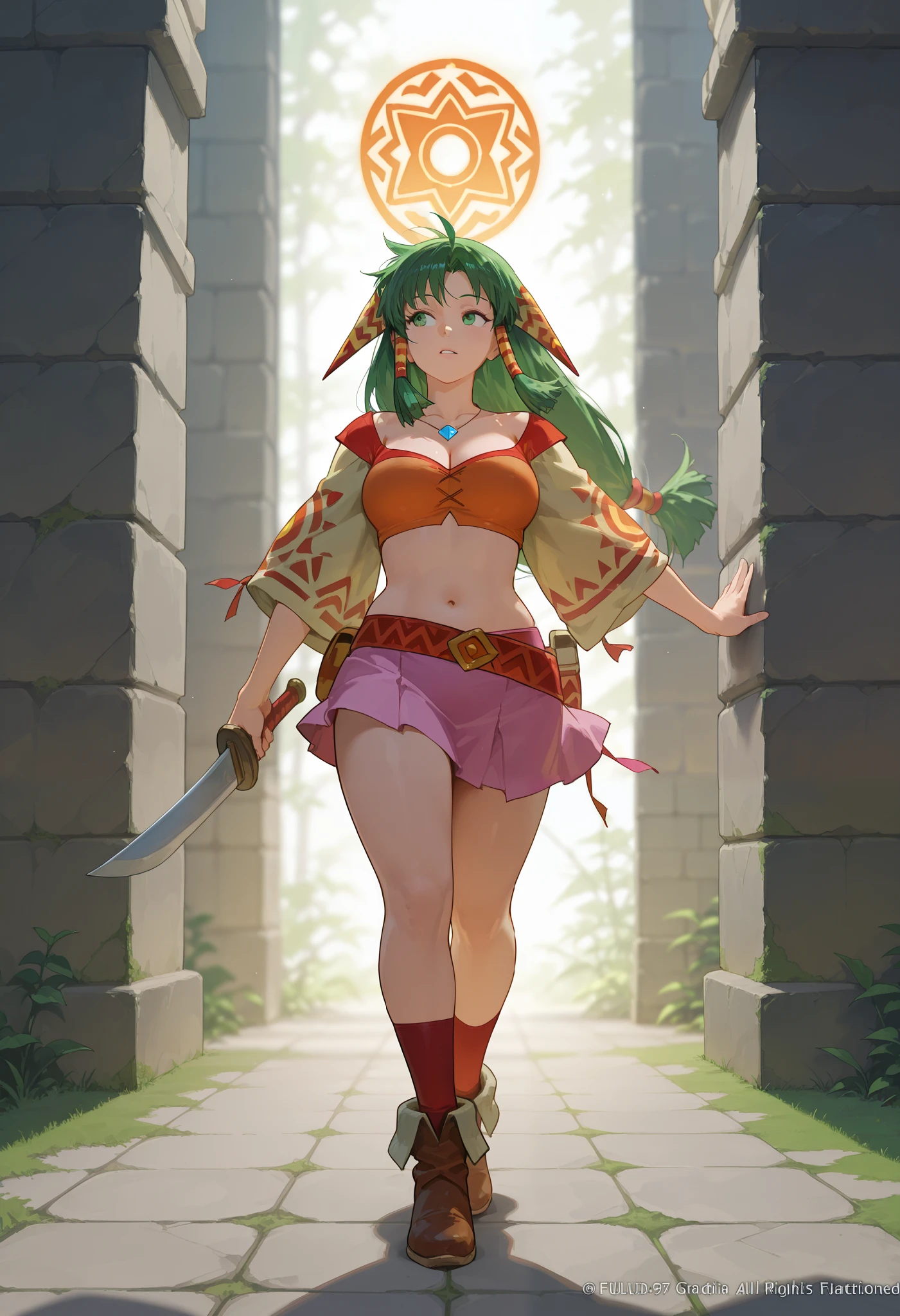 26 yo, face look alike to feena from \(Grandia\), Beautiful Mature young milf, (mature woman with lean perfection abdomen), breathless - amazed expression, large natural breasts, Curvy body, (holding a decorated shortblade with 1hand and another hand touch the ancient wall of inca ruin - exploring an ancient ruin in fantasy classic Grandia settings), walking, eyes on the wall - head tilting up, exploration scene, solo, 1girl, BREAK, She wears an orange bra top that leaves her abdomen exposed, paired with a small short pink skirt held up by a thin red belt. Covering her arms is a tan-colored shawl adorned with red sun patterns on both sleeves. Her long green hair flows down her back, with some sections tied through two patterned hair accessories. She completes her ensemble with ripped red socks that extend past her knees and brown shoes featuring tribal patterns similar to those on her belt and shawl, official arts, dynamic jrpg side view, fantastic fantasy vibrant background, eyes on the ancient ruin wall with moss, jrpg fantasy jungle, wide shot, fullbody view,