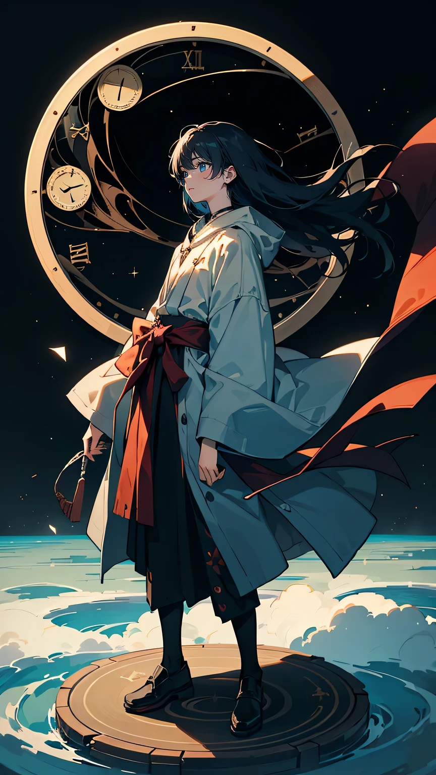 “A dark, starry void filled with glowing, floating symbols and fragments of memories—faces, clocks, and buildings suspended in mid-air. In the center, the protagonist and Kagami face each other, standing on a circular platform made of faintly glowing light. Kagami’s coat billows as if caught in an unseen wind, while his eyes glint with knowledge and mystery. The protagonist’s expression is conflicted, as if grappling with the weight of Kagami’s words. The scene is both intimate and cosmic, blending elements of the infinite and the personal.”