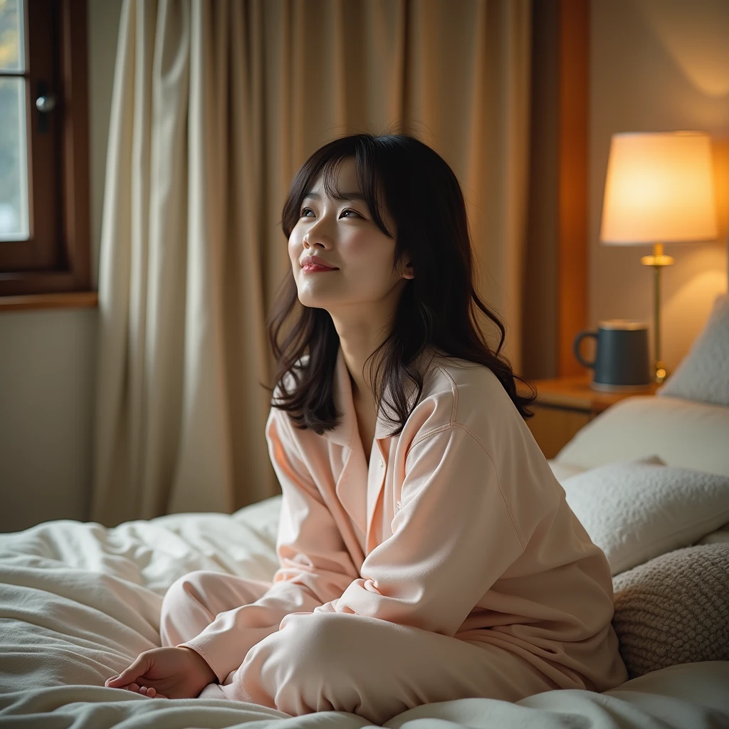A 35-year-old Japanese woman in pajamas lying in bed in a room