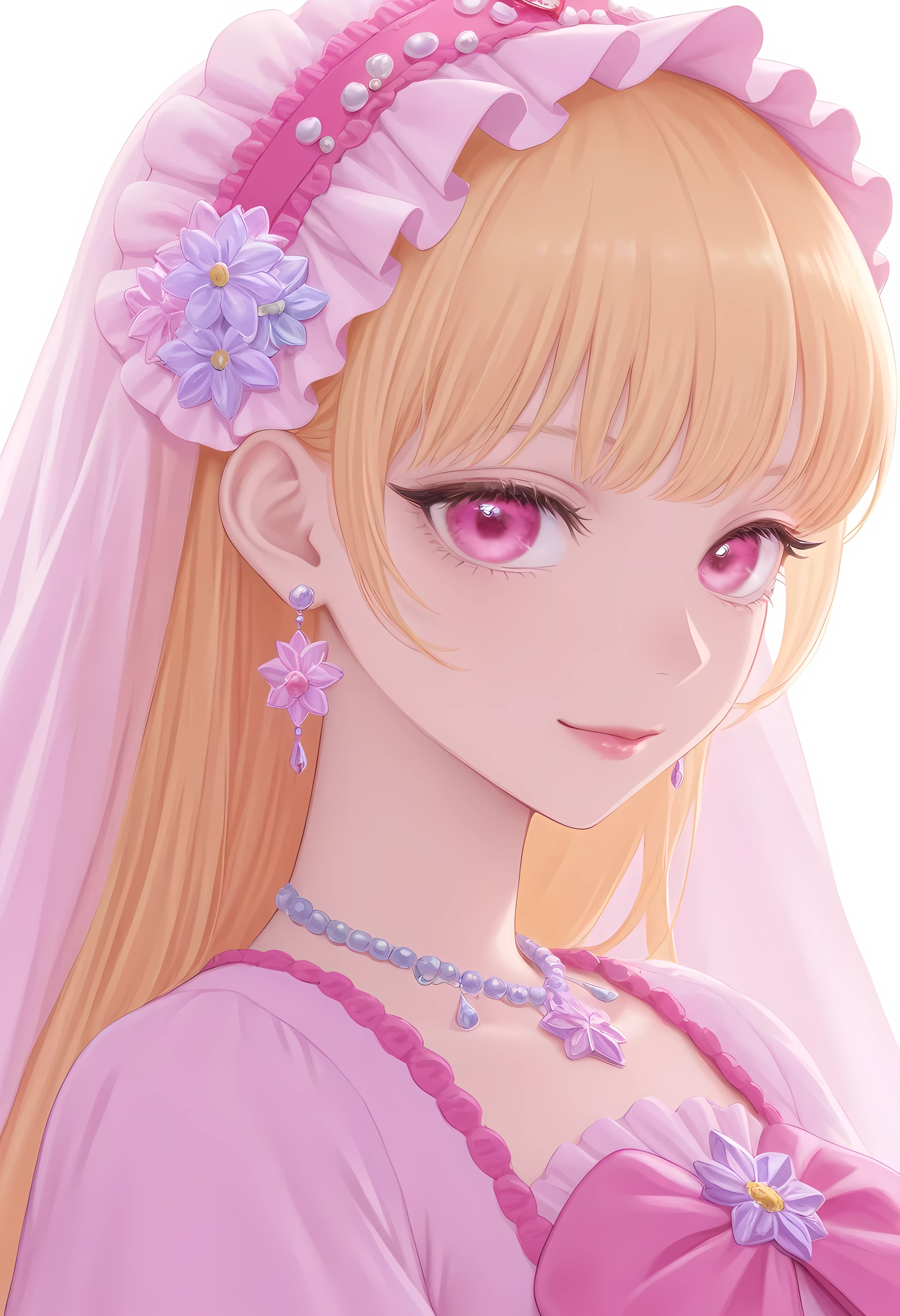 rainbow, One Girl, alone,So cute, Long Hair, Show Viewer,   Pink Eyes,  Background, White Background, jewelry, Mouth closed,  Upper Body, Strawberry blonde Hair, Earrings, Pink Eyes, necklace, From the side,  lips, eyelash, Compensate, Straight Hair, Earrings, lipstick, 耳のEarrings, eye shadow, diamond  flower pink small Earrings, ピンクのlips, eyes, Pink  Theme, pretty  necklace , shining pink eyes, pink, shining, ethereal, goodness, shining,veil, pink flowy dress,  hair accessories , make up, golden make up, pink eyes,  emotion,  not tired eyes, happy, pink petales, pink aura, pink , happy eyes,  cute energetic eyes , пинк аура